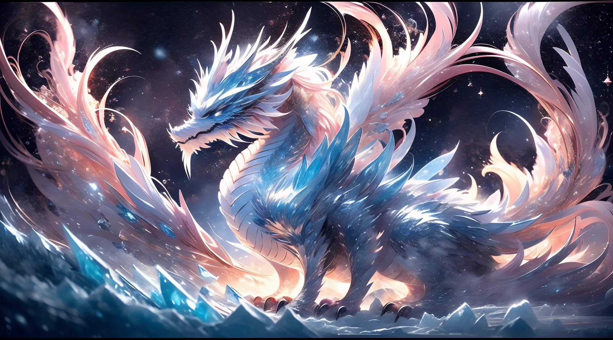 (((best quality)))), ((ultra-detailed))), (((masterpiece))), illustrations In this Ice Age scene, the addition of the element of fire brings strong contrast and visual impact. In the center of the picture, a glacier dragon stands majestically, its body is composed of countless ice-blue scales, each of which is like an independent ice crystal, (8K ultra-high definition), and the edge of each scale is clearly visible. However, what was amazing was that the dragon's mouth spewed not an icy breath, but a blazing flame. The flames jumped and burned in the cold air, illuminating the surrounding ice and snow, creating a strange scene of ice and fire blending. This flame is like a bright star, illuminating the night sky of the Ice Age. The blazing heat of the flames contrasts sharply with the coldness of the glaciers, symbolizing the power of life and the harshness of nature. In this icy world, the presence of flames brings hope and life, adding more layers and depth to the Ice Age scene. On the distant skyline, a bright moon slowly rises, casting a faint glow. The moonlight shines through the mist on the glacier, reflecting the twinkling ice crystals, which contrasts with the blazing heat of the flames, creating a mysterious and dreamy atmosphere. The whole picture emphasizes the magnificence and mystery of the ice age, and conveys the unique atmosphere of this ice magic domain through the use of light and shadow and the change of color. The elements of ice and fire are cleverly combined to create a unique visual impact that will not be forgotten.