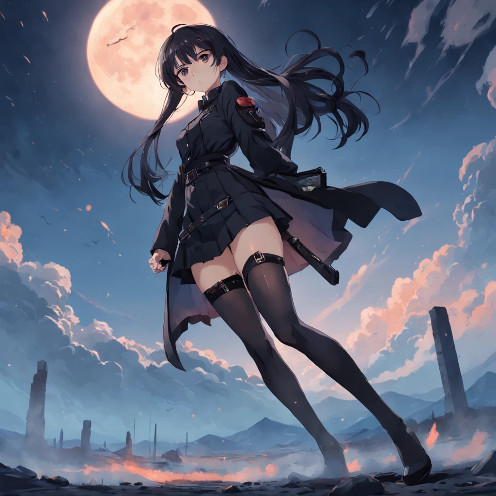 A beautiful woman in black stockings,holding a pistol in hand,No shoes on。Standing on a steppe。Body and clothes。