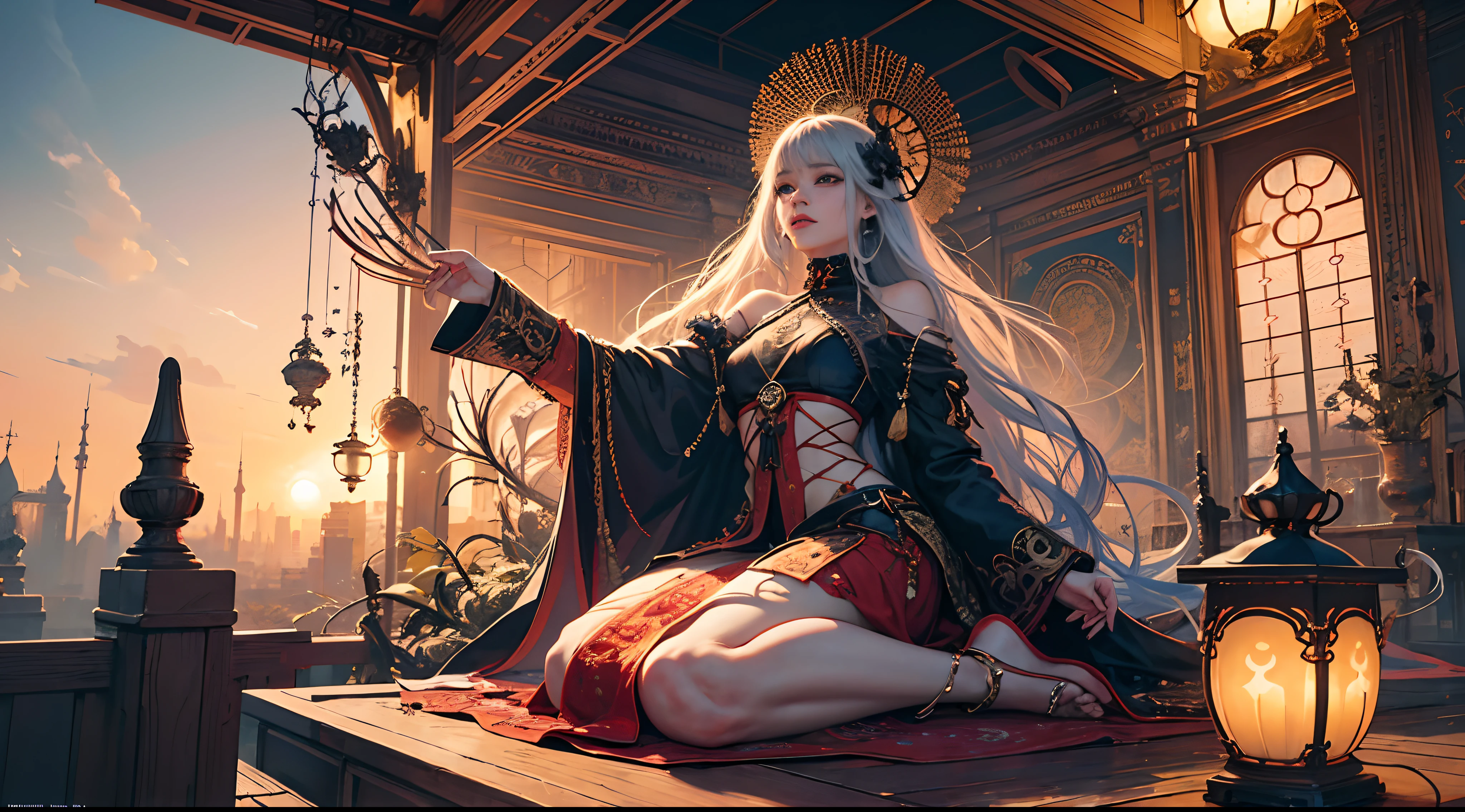 Official Art, Unity 8k wallpaper, super detailed, beautiful, beautiful, masterpiece, best quality, super detailed texture, asymmetrical aesthetics,
darkness, epic, atmospheric, mysterious, taboo, art, ancient china, decoration, intricate, gold and silver products, supernatural, costume design, lace embellishment,
1 girl, legged, sitting, black stockings, boots, elegant manners, conservative clothing, full body composition