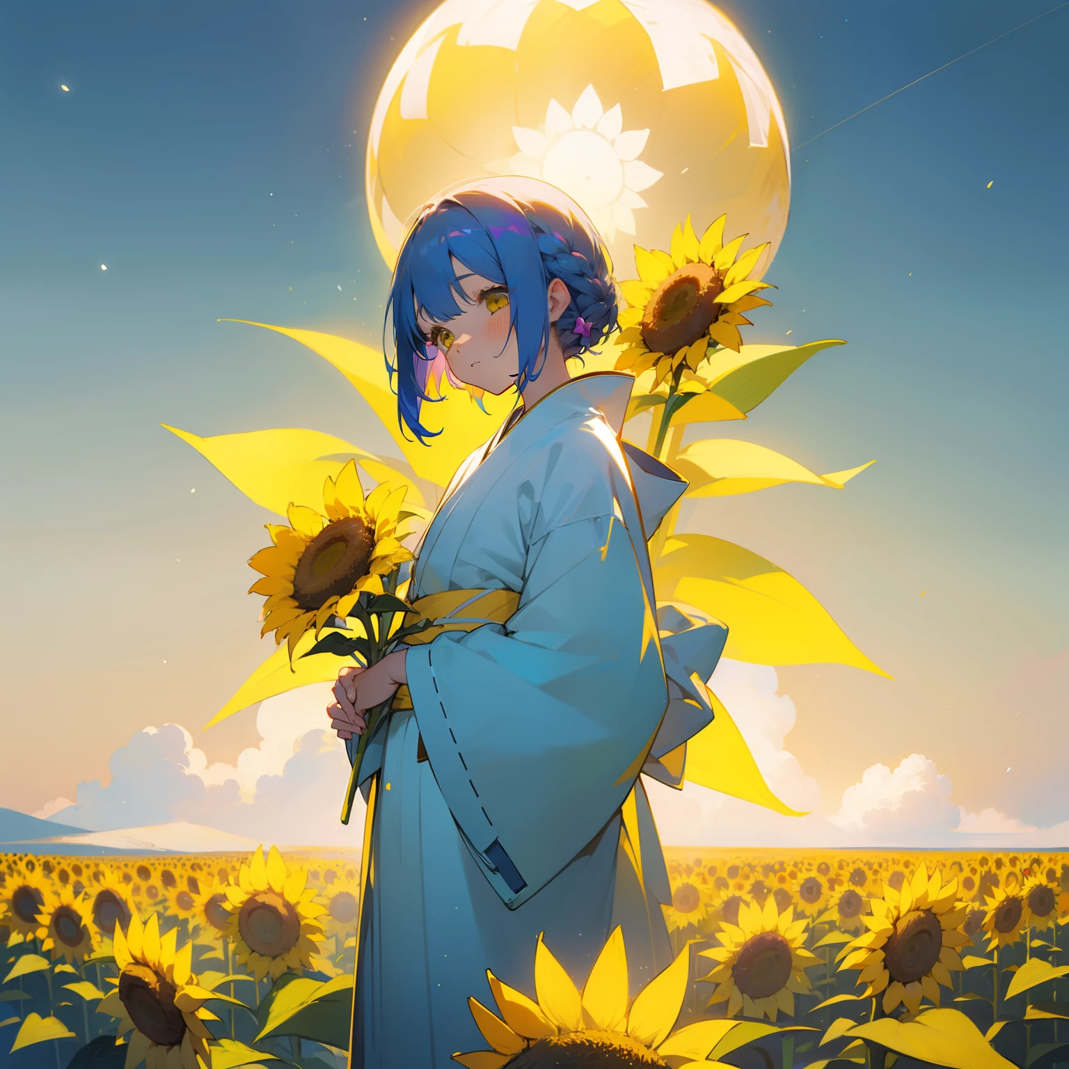 (Beautifully Aesthetic:1.2)、(1girl in:1.3)、(Colorful hair in white and yellow color:1.2)、Yellow and white kimono、Sunflower、Stand in a snow-covered sunflower field、Under the cold sky、starrysky、Yuki、Winters、Fantastical、natta、