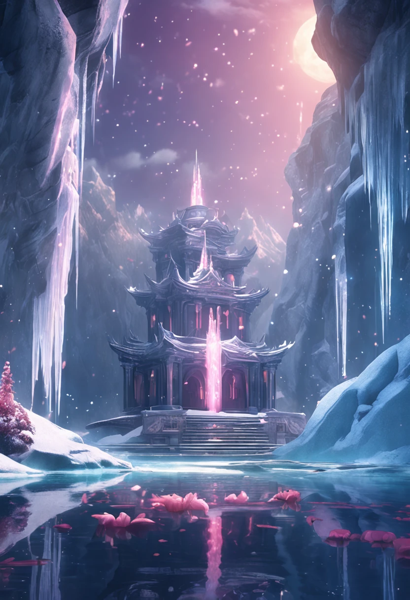 Ice fountain at night in the Frozen Kingdom,Fantastic concept art,light kingdom backdrop,Brilliant concept art,Radiant concept art,Onmyoji exquisite art,Fantasy 2D concept art,Magnificent temple backdrop,Fantastic concept art,A land of glossy in anime style,A submerged temple dance scene,jellyfish temple,Immersive temple ceremony scenes,Eternal fountain。