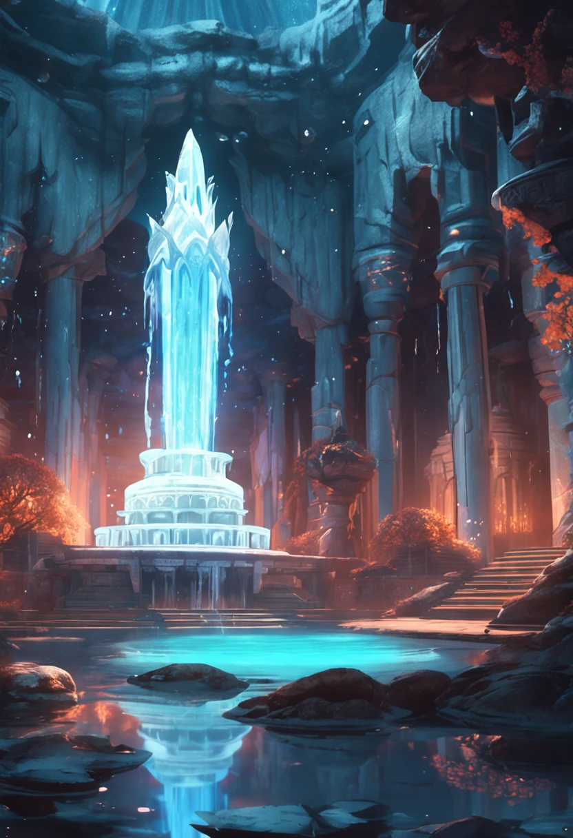 Ice fountain at night in the Frozen Kingdom,Fantastic concept art,light kingdom backdrop,Brilliant concept art,Radiant concept art,Onmyoji exquisite art,Fantasy 2D concept art,Magnificent temple backdrop,Fantastic concept art,A land of glossy in anime style,A submerged temple dance scene,jellyfish temple,Immersive temple ceremony scenes,Eternal fountain。