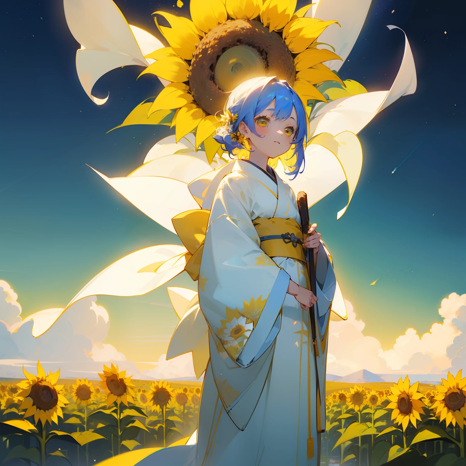 (Beautifully Aesthetic:1.2)、(1girl in:1.3)、(Colorful hair in white and yellow color:1.2)、Yellow and white kimono、Sunflower、Stand in a snow-covered sunflower field、Under the cold sky、starrysky、Yuki、Winters、Fantastical、natta、