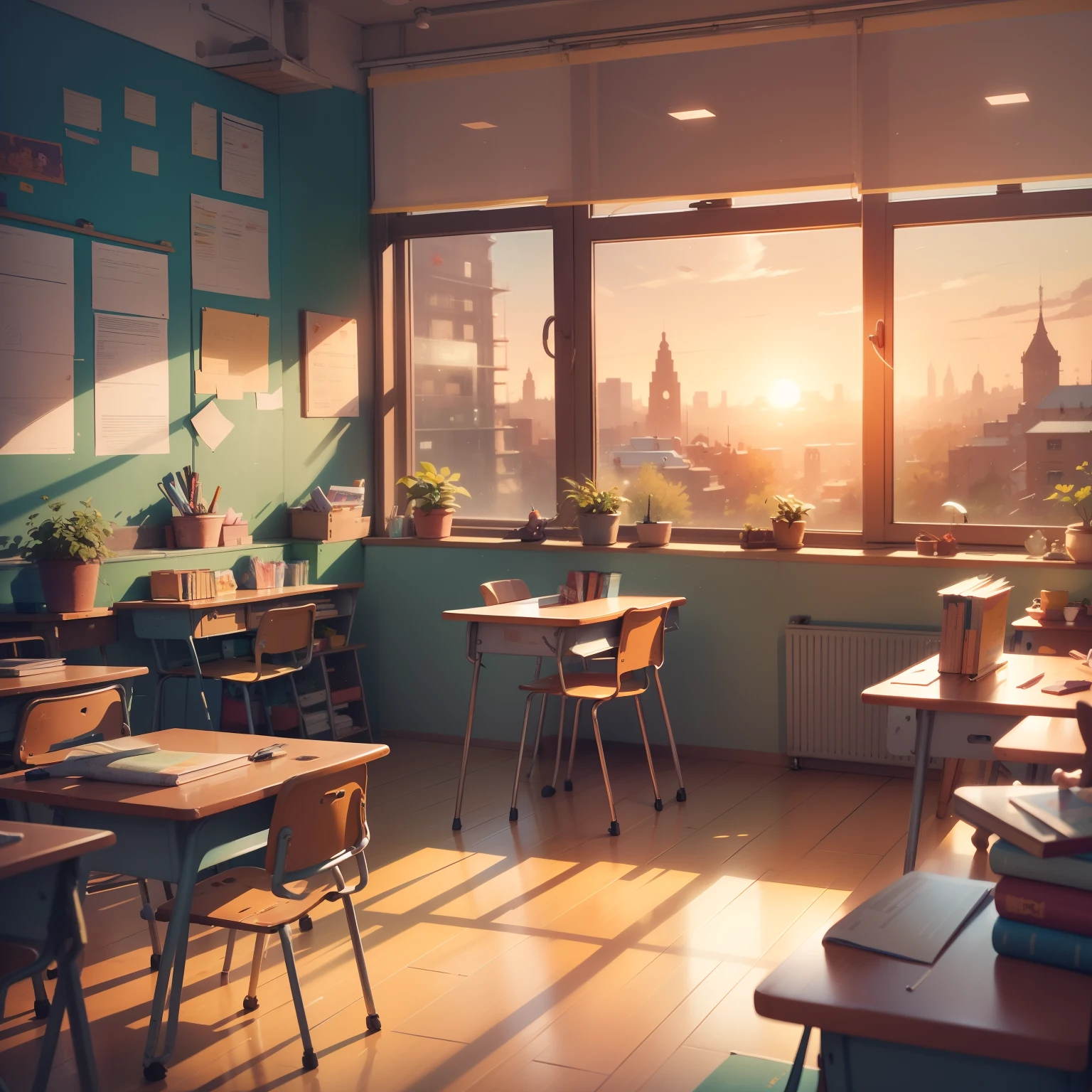 classroom, classroom illuminated by dusk sunset, classroom empty, perfect quality, happy cartoon, HD illustration, exciting illustration, flat illustration, cartoon illustration, children's book illustration, detailed 2D illustration, commercial illustration, children's book illustration, full color illustration, 2D illustration, (masterpiece: 1.2) (bokeh) (best quality) (intricate details) (8K) (detail eyes) (sharp focus), (happy)