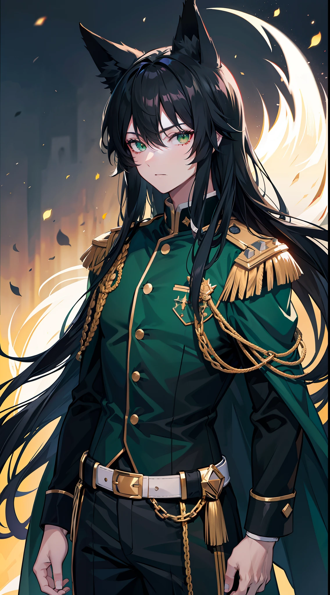 adult man, Long black hair, Fox ears, Green eyes, Black general's uniform, Masterpiece, hiquality