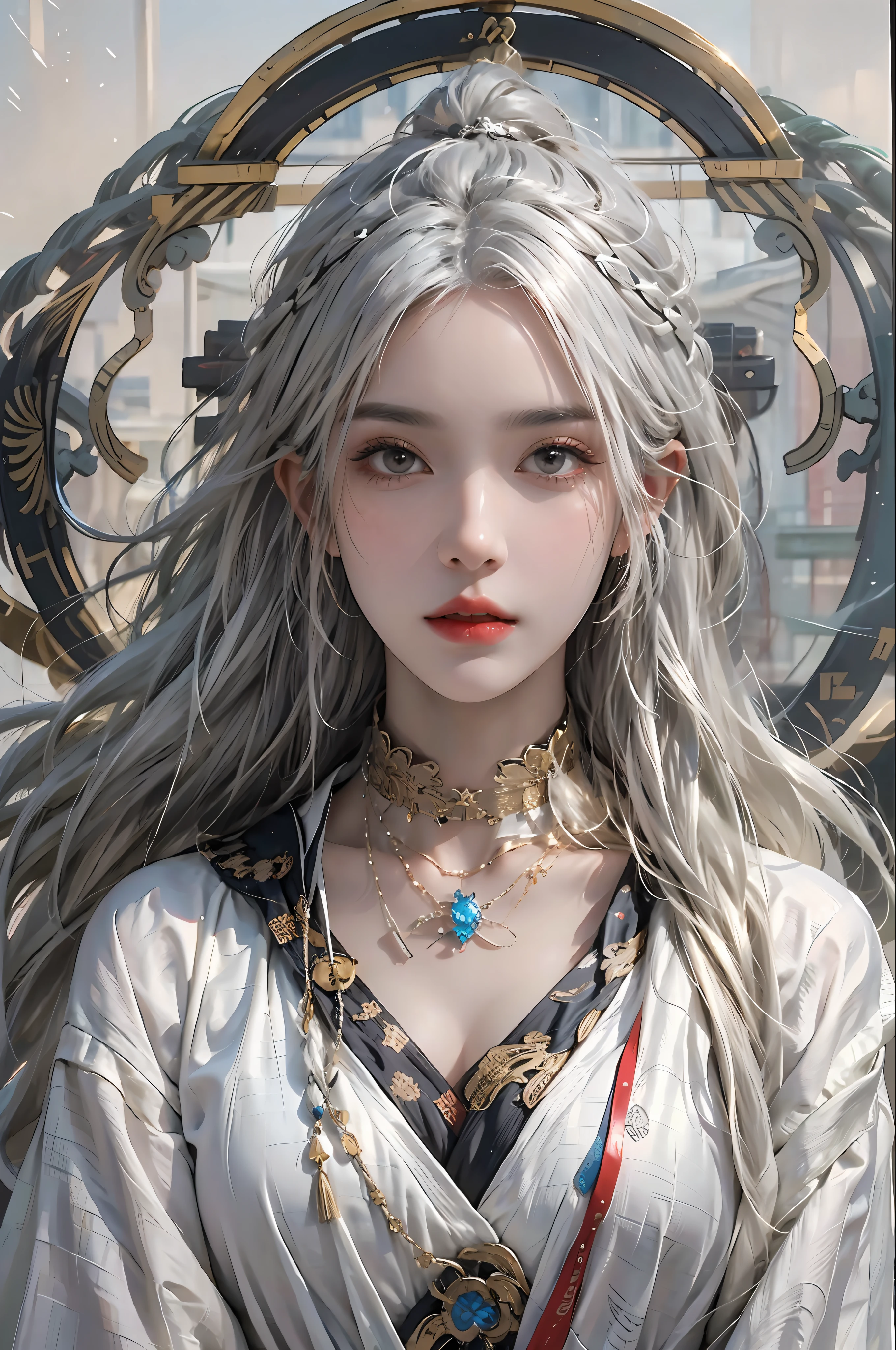 photorealistic, high resolution, 1women, solo, hips up, look at viewer, (detailed face), white hair, long hair, Taoist robe,oversized clothes, jewelry, midjourney portrait