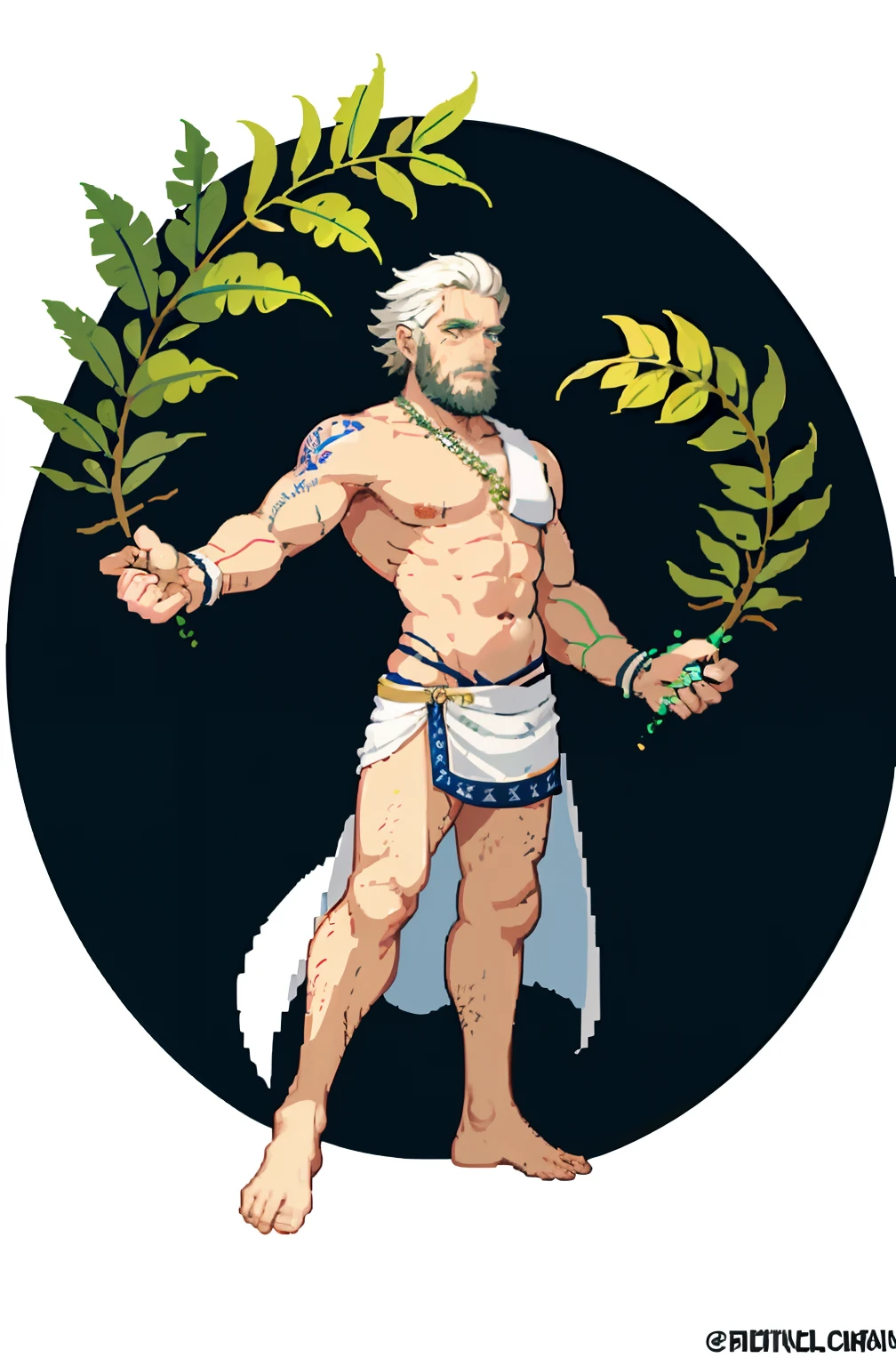 masterpiece, top quality, best quality), pixel,pixel art, 1 old man, Akashic Records Of Bastard Magic Instructor, fullbody, no background, white beard, tattoos, muscle, greek god, zeus, tall, laurel wreath, hand holding lightning, peplos, heation, Togas,