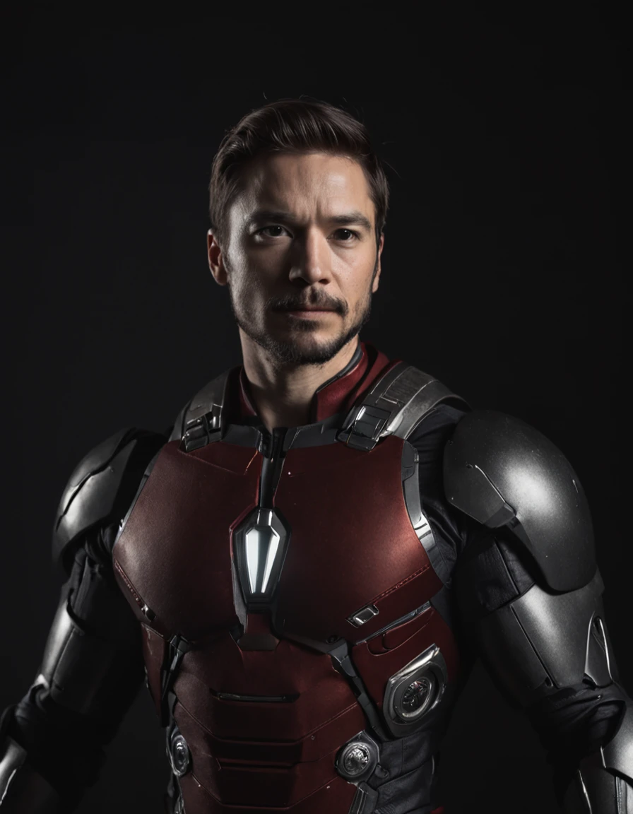 full body Iron Man in dark room, backlit portrait, chiaroscuro portrait, low-key, dark portrait, high contrast dramatic lighting, dramatic portrait, dark moody backlighting, low key dramatic lighting, portrait soft low light, portrait.