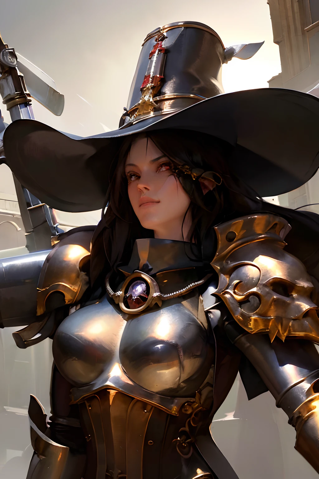 best quality, masterpiece, highres, original, extremely detailed wallpaper, (ultra-detailed), (best illustration), (best shadow), medium breasts, breasts, (highly detailed:1.4), smooth, sharp focus, full body, Inquisitor greyfax, detailed armor, detailed face, hat, monocle details, detailed  crossbow, detailed sword, 
intricate ornamented, full armor, holding sword, holding crossbow, dual wielding
black hair, long hair, pretty face,  skin pores, rugged, metallic armor,
ruined cathedral, particles floating, clear sky, bright cinematic lighting, soft shadows, ( intricate details, depth of field),