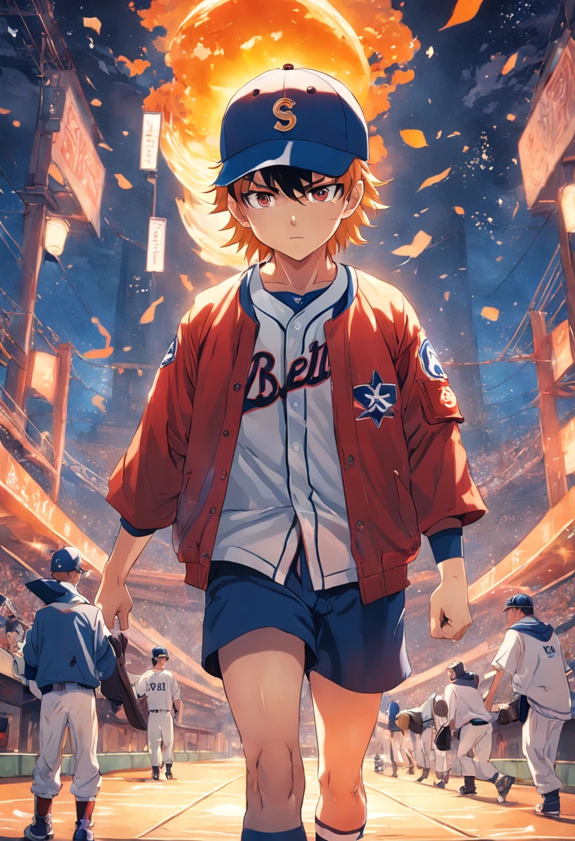 Sunshine Boys,Charming temperament,Baseball uniforms,Crooked baseball cap,Wear baseball gloves on your right hand,Hold a ski in your left hand。