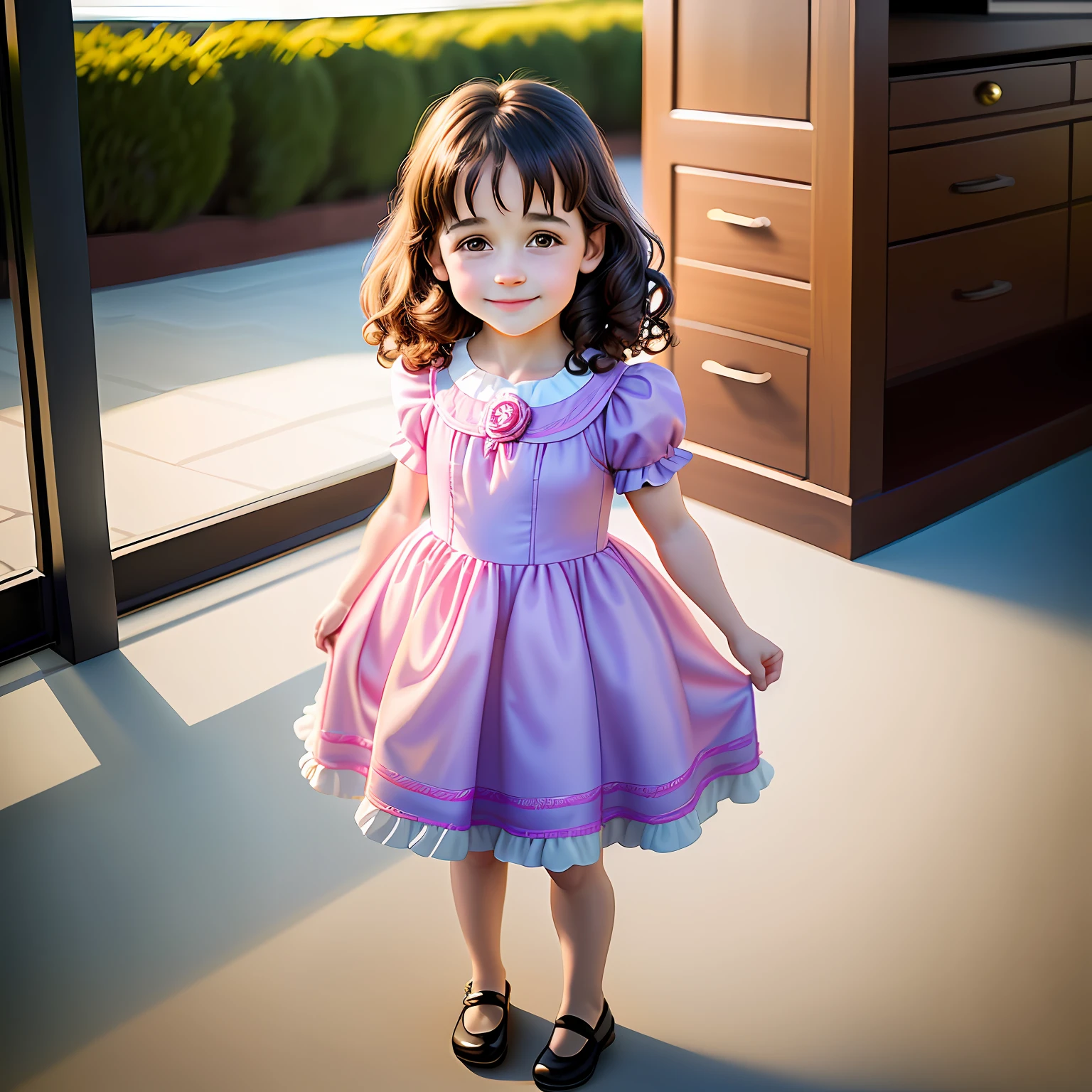 a  girl with the face of Carla Gugino, totally realistic, the highest definition, perfect lighting, with a shy smile, with cheerful countenance, wearing a princess dress, full body, 4k