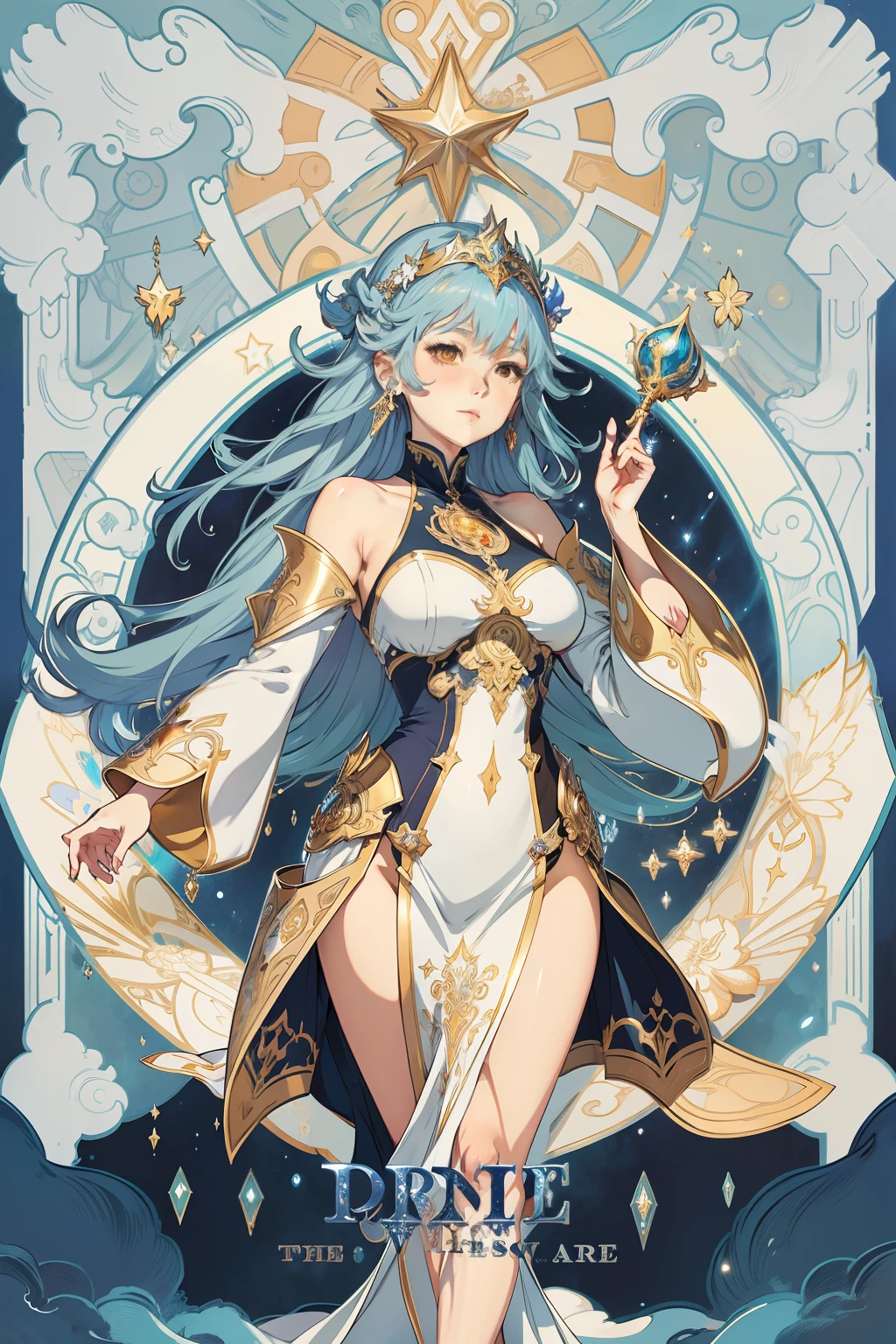 arafed image of a woman with a star in her hands, alphonse mucha and rossdraws, mucha style 4k, artgerm mucha, korean art nouveau anime, portrait knights of zodiac girl, goddess. extremely high detail, anime fantasy illustration, detailed digital anime art, gorgeous goddess of leo, anime art nouveau, talor liner, stick liner, clear line. perfect post leg and shose