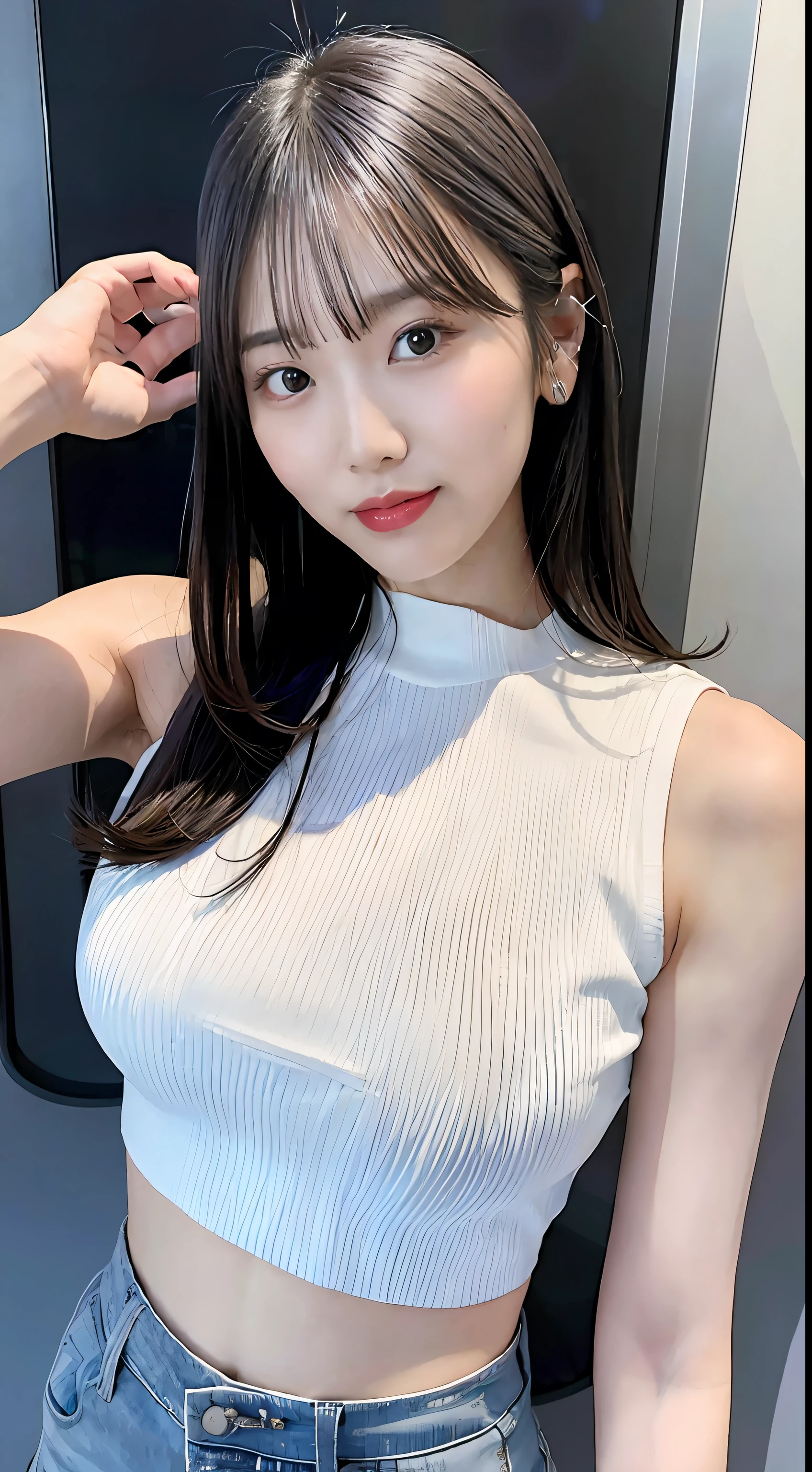 Gray-haired asian woman,Wear a white top and blue shorts,Leaning on a huge transformer, photo of slim girl model, Gorgeous young Chinese woman, photo of slim girl, Chinese girl, wearing a crop top, Beautiful Chinese woman, Beautiful young Chinese woman, beautiful midriff, wearing sexy cropped top, hot with shining sun, Thin waist, sexy body and sexy abdomen