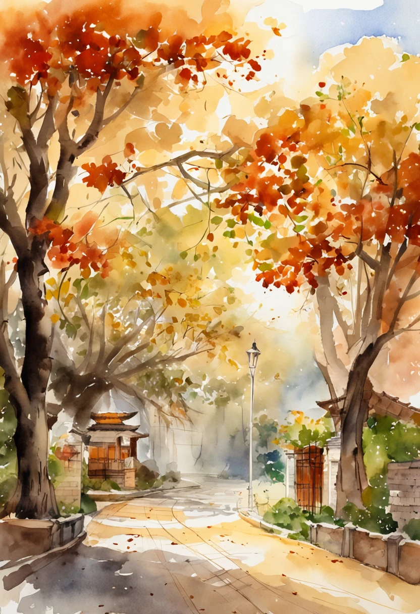 Old residential complex，Red brick building，Big banyan tree，Clean pavement，Fallen leaves，autumnal，in the early morning，Light yellow tones，super-fine，Carefully portrayed，high qulity，8k，Miyazaki animation style