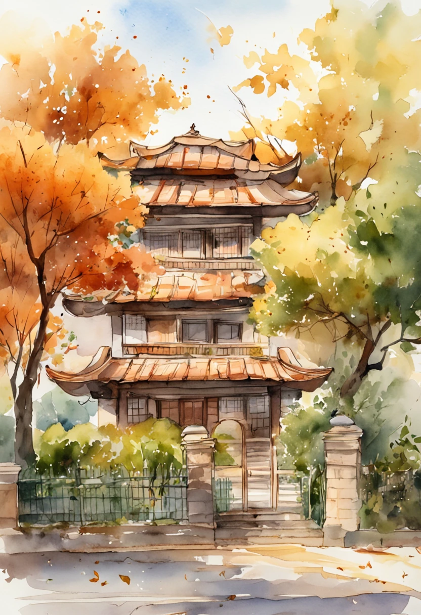 Old residential complex,Red brick building,Big banyan tree,Clean pavement,Fallen leaves,autumnal,in the early morning,Light yellow tones,super-fine,Carefully portrayed,high qulity,8k,Miyazaki animation style