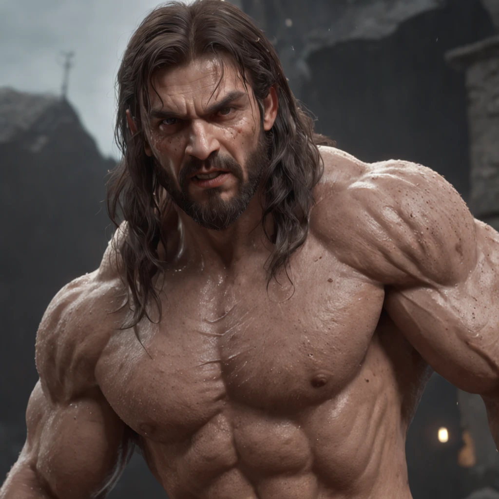 (professional 3d render:1.3) af (Realistic:1.3) most beautiful artwork photo in the world，Features soft and shiny male heroes, ((Epic hero fantasy muscle man rough wet hero angry look long hair short beard and ferocious expression in dynamic pose, Fantastic location, Majestic cluttered environment)), full body 8k unity render, action  shot, skin pore, very dark lighting, heavyshading, Detailed, Detailed face, (vibrant, photograph realistic, Realistic, Dramatic, Dark, Sharp focus, 8K), (Old leather garments damaged by weathering:1.4), ((((Wear fur)))), (Intricate:1.4), decadent, (Highly detailed:1.4), Digital painting, rendering by octane, art  stations, concept-art, smooth, Sharp focus, illustration, Art germ, (loish:0.23), wlop ilya kuvshinov, and greg rutkowski and alphonse mucha gracias, (Global illumination, Studio light, volumettic light), heavy rain, particles floating, lotr, fantasy, elf, full bodyesbian, ((Dark and ancient city background:1.3)),CGSesociety,art  stations