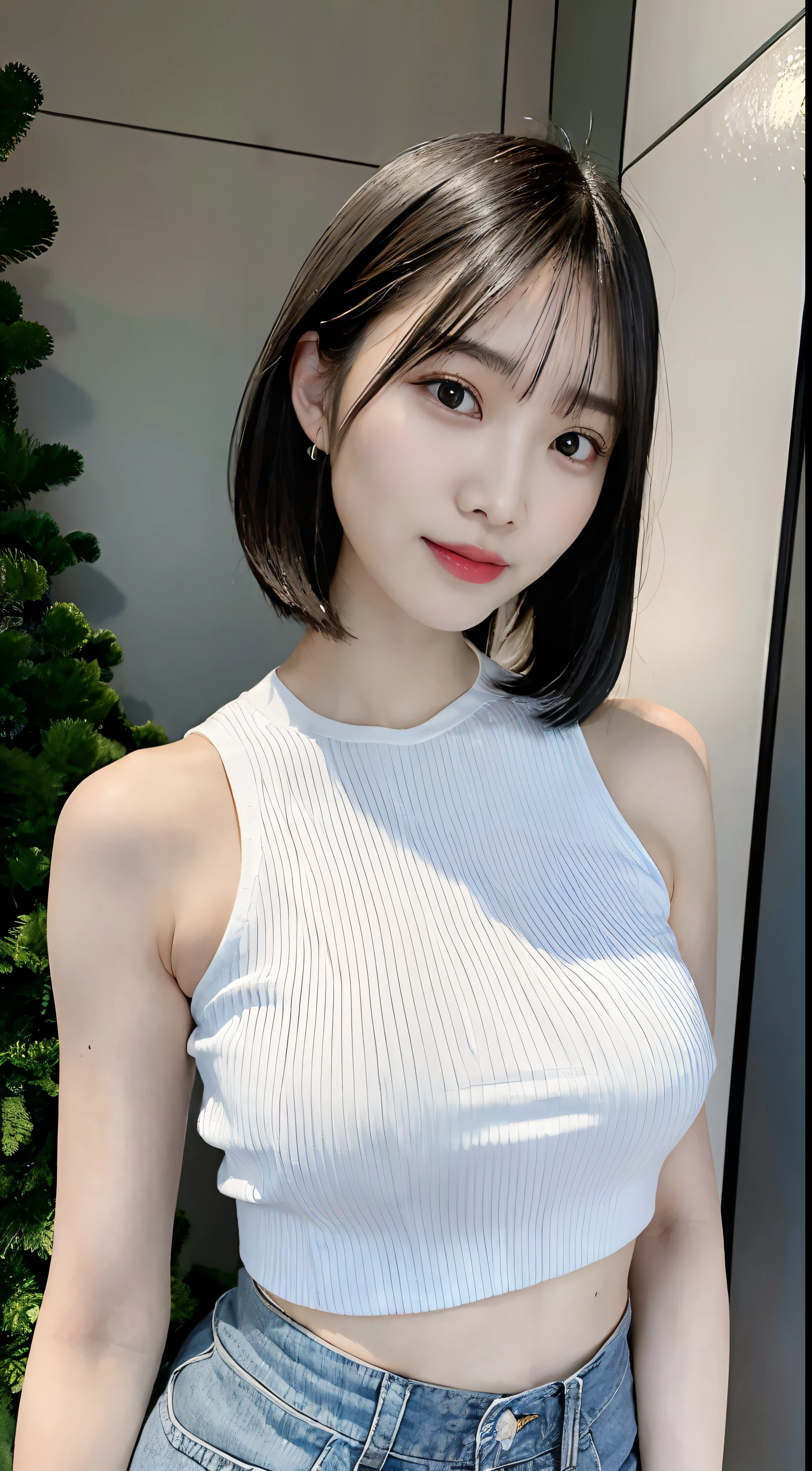 Gray-haired asian woman,Wear a white top and blue shorts,Leaning on a huge transformer, photo of slim girl model, Gorgeous young Chinese woman, photo of slim girl, Chinese girl, wearing a crop top, Beautiful Chinese woman, Beautiful young Chinese woman, beautiful midriff, wearing sexy cropped top, hot with shining sun, Thin waist, sexy body and sexy abdomen