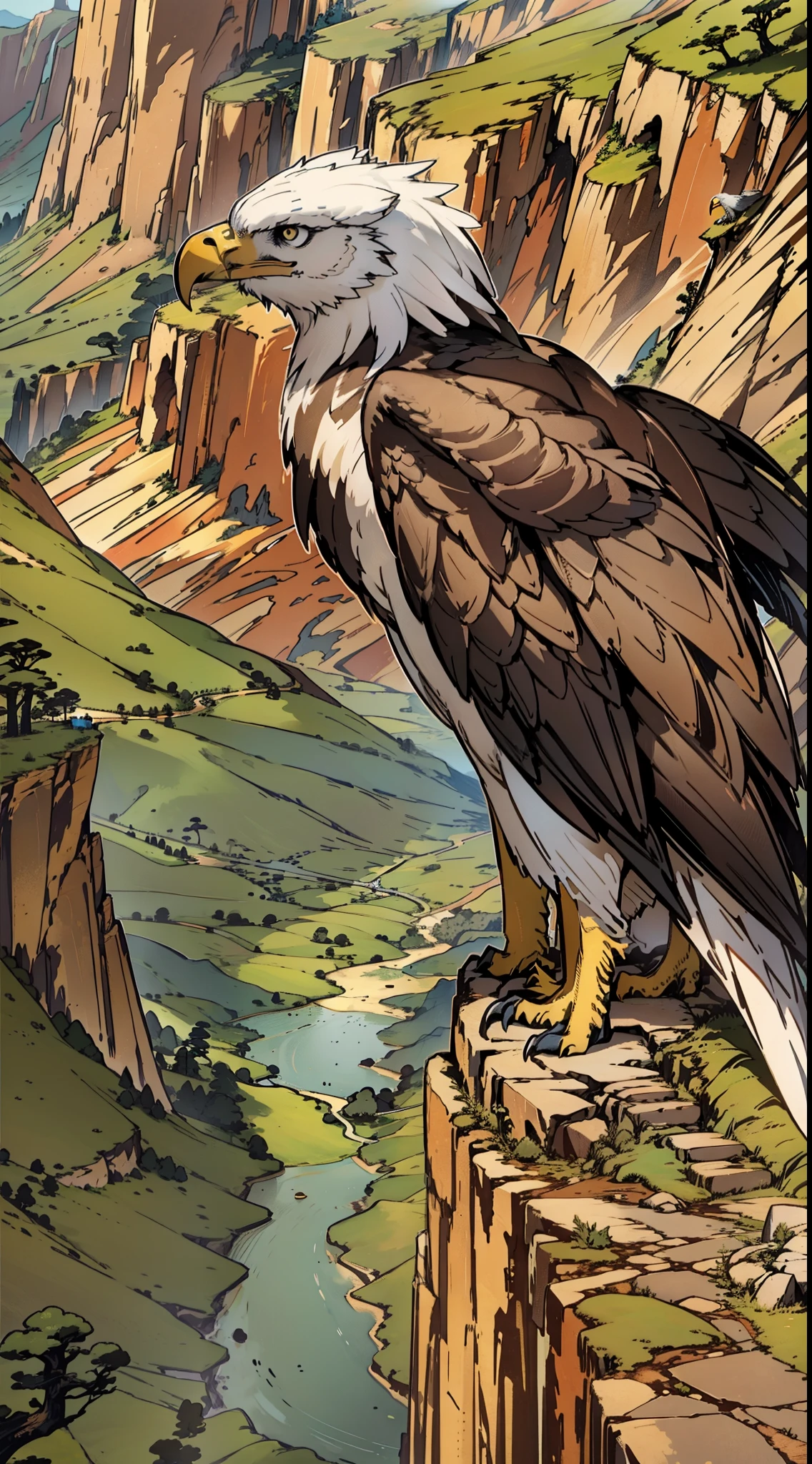 "three sided view, Majestic and awe-inspiring, a solitary eagle with a mesmerizing elongated tail perched on a rugged cliff, overlooking the dusty road in the valley below."
