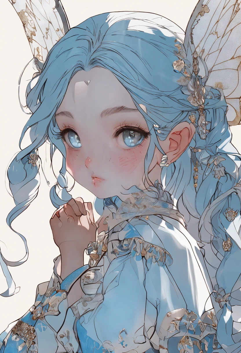 masterpiece, best quality, ultra-detailed, kawaii, cute, lovely, sexy, ero, extremely detailed, 4K, 8K, best quality, beautiful, monochrome, castle, a  girl, chil, latex bodysuit, beautiful blue hair, beautiful light blue eyes, beautiful eyes, wings, blush