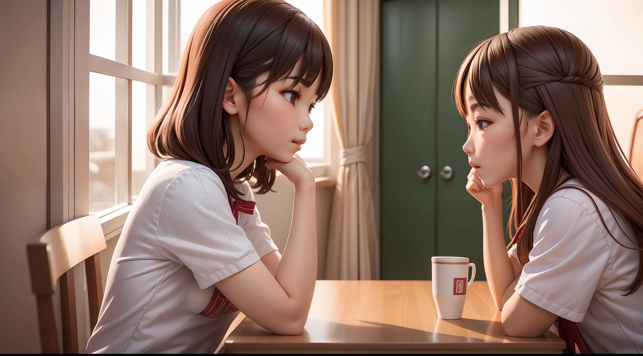 Two girls talking face to face in the dormitory。