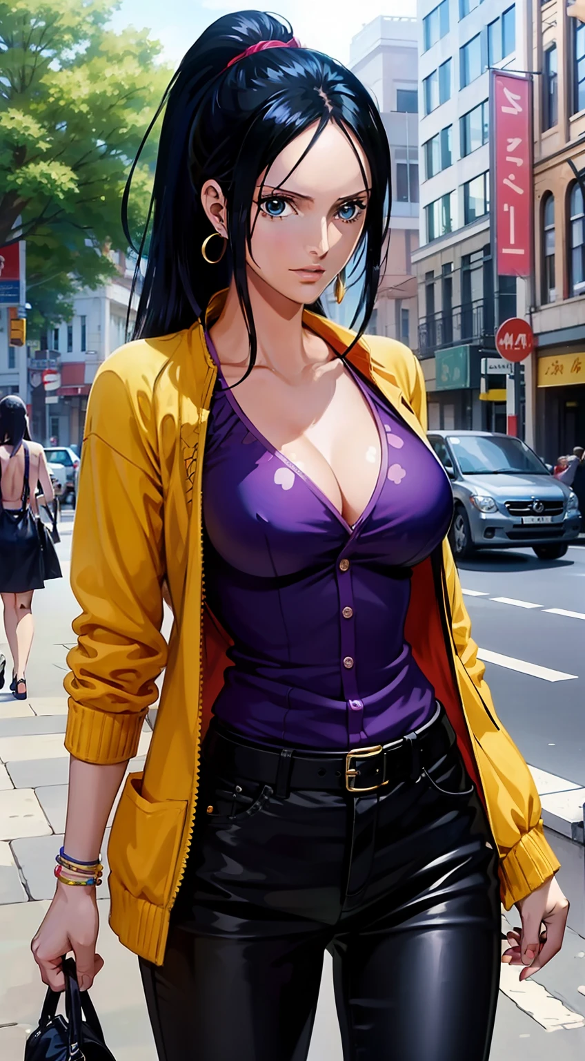 nico robin from anime one piece, robin, black hair, long hair, ponytail, beautiful woman, beautiful, very beautiful, perfect body, perfect boobs, standing, wearing watch, wearing earrings, wearing purple dress shirt, yellow cardigan, trousers black, wearing a bag, masterpiece, textured leather, super detailed, high detailed, high quality, best quality, 1080p, 16k, HD