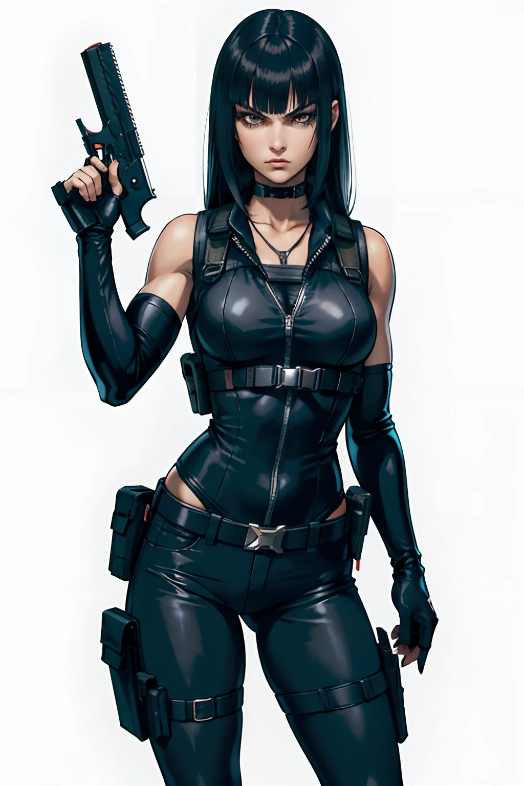 Resident evil girl long black hair with straight bangs, with holster, black clothes, tactical holster, and holding pistol, shooting, angry, Muscle shape, knifes,