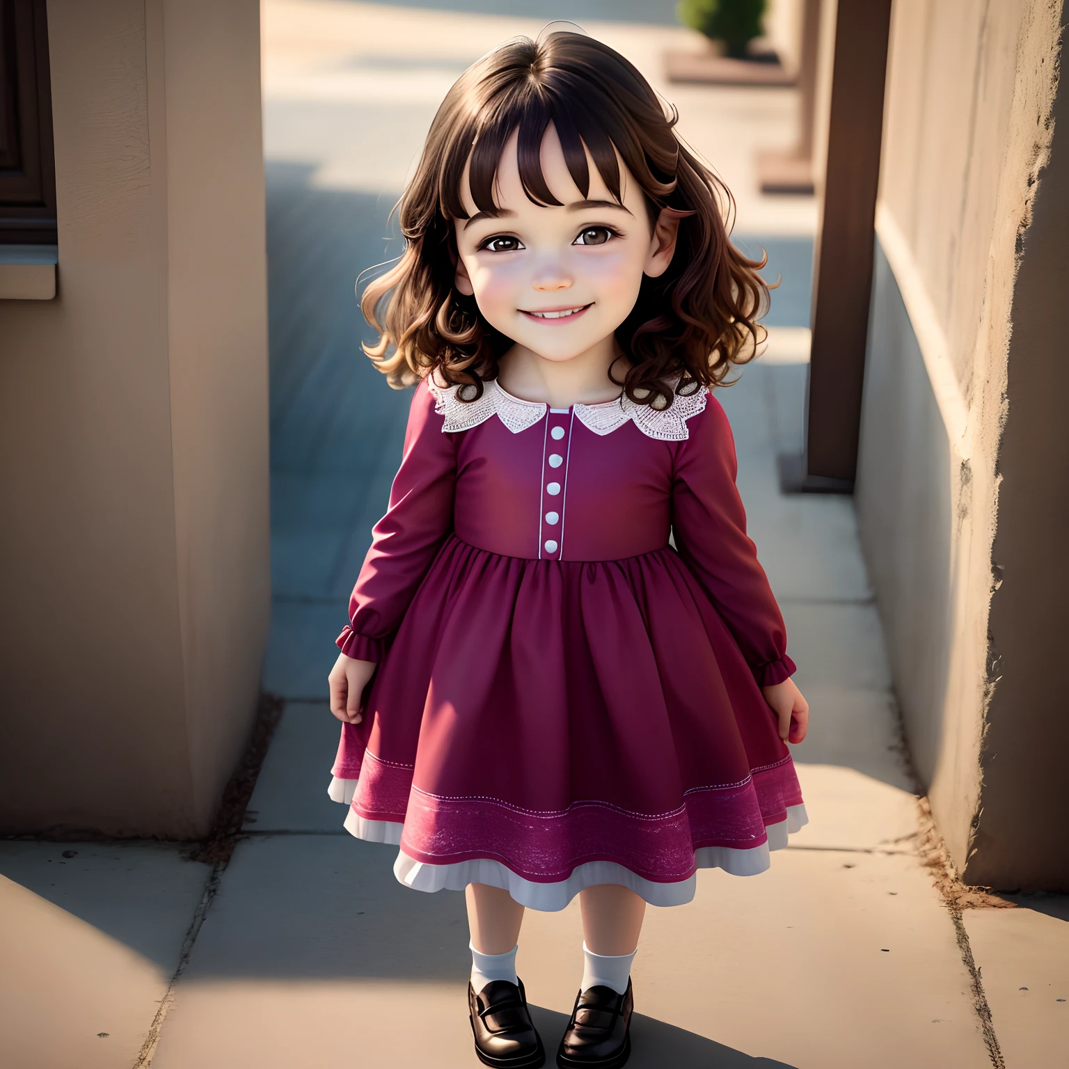 a child girl with the face of Carla Gugino, totally realistic, the highest definition, perfect lighting, with a shy smile, with cheerful countenance, wearing a princess dress, full body, 4k