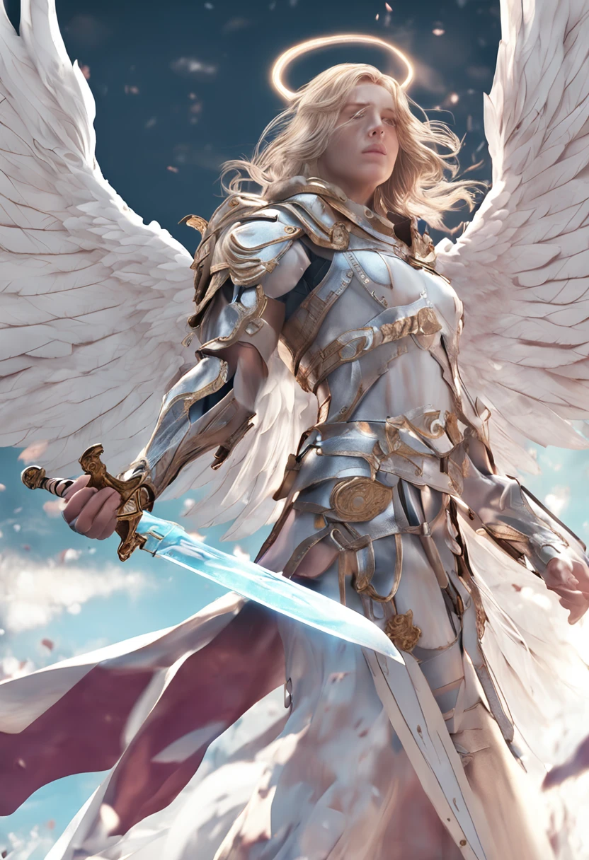 angel of God flying with white wings sword in hand shield ::n_ Imperfection, anime, texto, boneco, jogo, low perfection, texto, assinatura