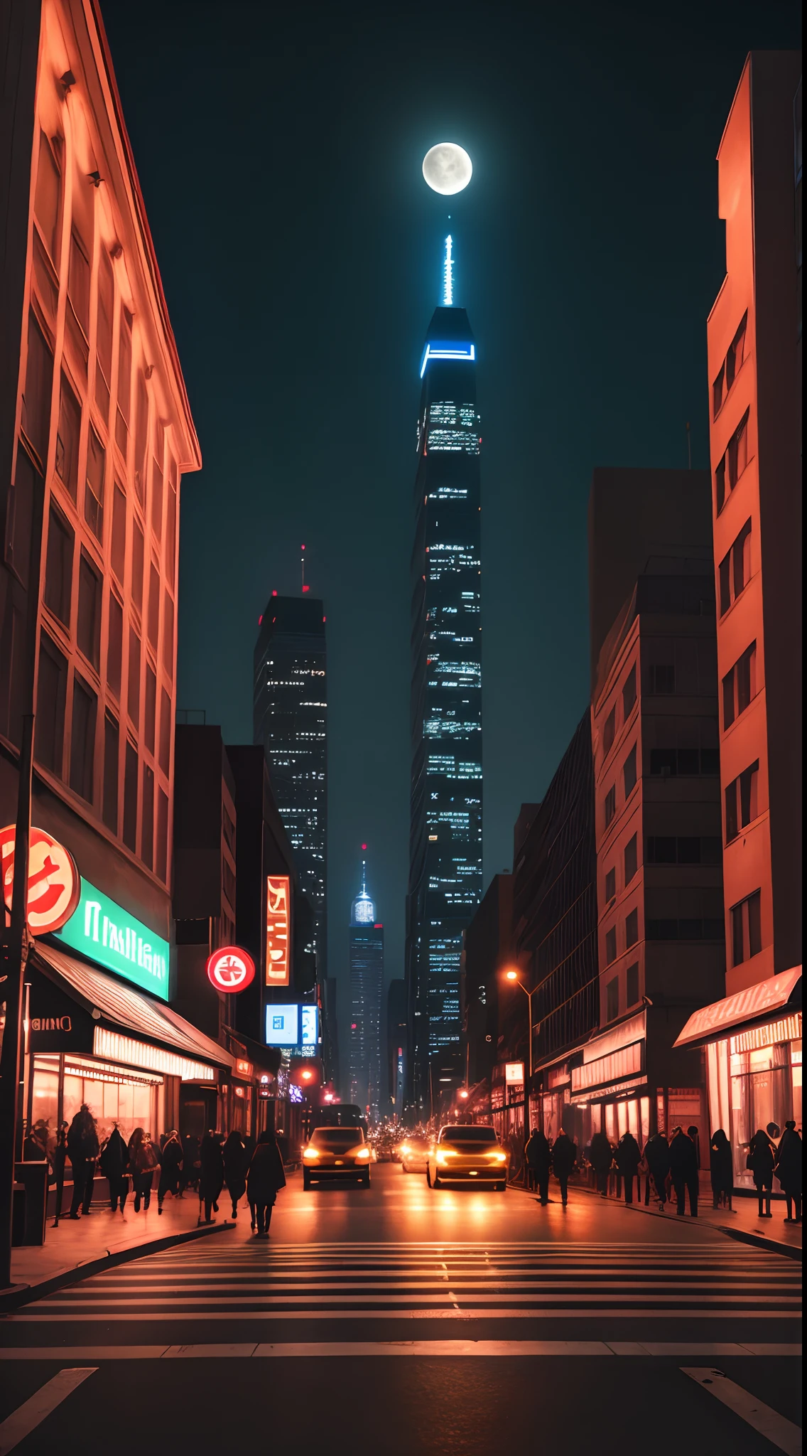 city night scene,Bustling,optic,shadowy,Award-Awarded,themoon,Ultimate beauty,8K,Wallpapers,neonlight,Heavy traffic,Ultimate detail