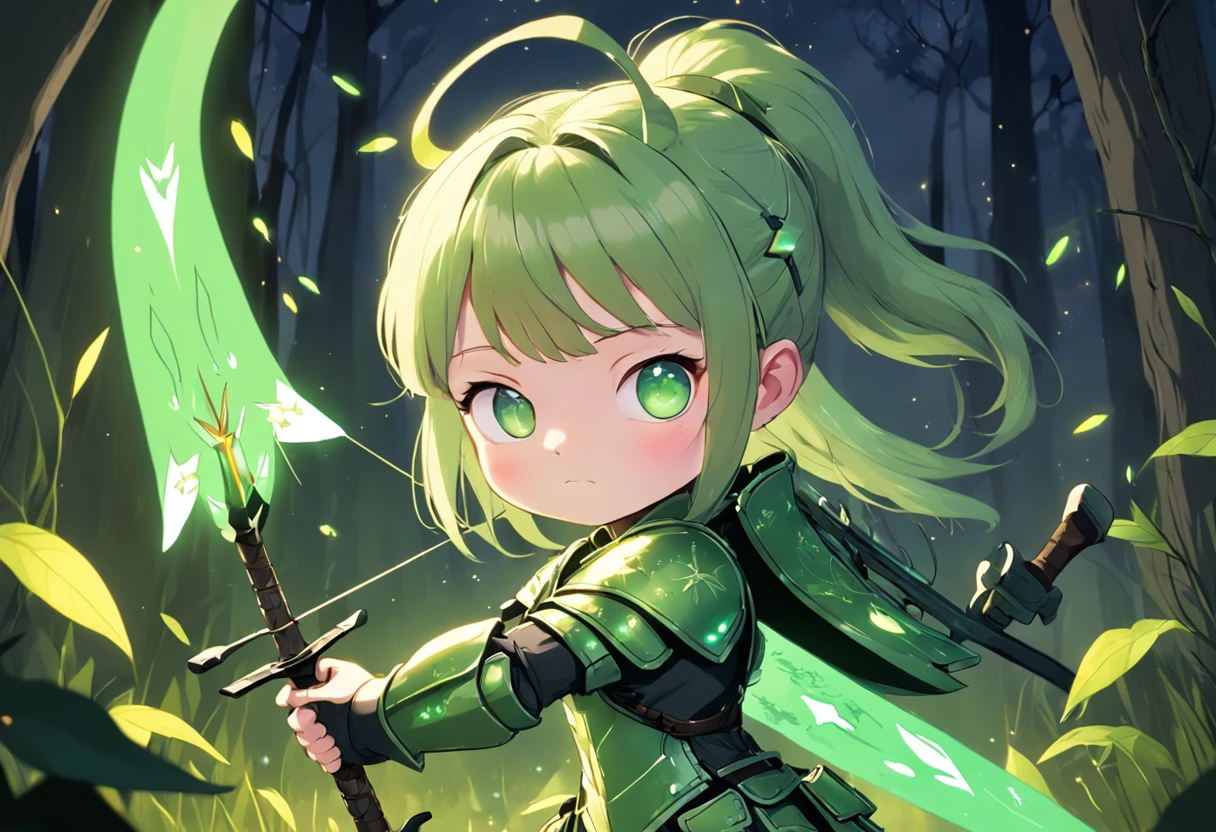 Cartoony，Chubby little girl in green leather armor，pony tails，With crossbows and arrows，Glowing fireflies around，，Cute and cute，KIDS ILLUSTRATION，Glow effects，Dingdall effect，depth of fields，high light，Real light，Ray traching，oc rendered，Hyper-realistic，best qualtiy，8K，Works of masters，super-fine，Detailed pubic hair，Correct ???????，sharp focus on eyes，The facial structure is reasonable，Facial features are carefully depicted