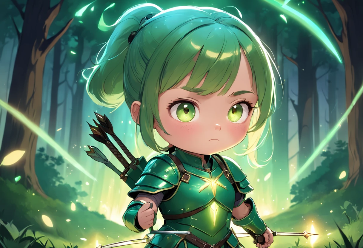 Cartoony,Chubby little girl in green leather armor,pony tails,With crossbows and arrows,Glowing fireflies around,,Cute and cute,KIDS ILLUSTRATION,Glow effects,Dingdall effect,depth of fields,high light,Real light,Ray traching,oc rendered,Hyper-realistic,best qualtiy,8K,Works of masters,super-fine,Detailed pubic hair,Correct anatomy,sharp focus on eyes,The facial structure is reasonable,Facial features are carefully depicted