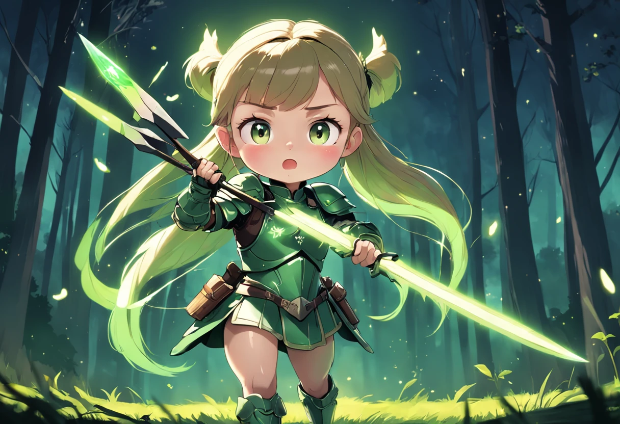 Cartoony，Chubby  girl in green leather armor，pony tails，With crossbows and arrows，Glowing fireflies around，，Cute and cute，KIDS ILLUSTRATION，Glow effects，Dingdall effect，depth of fields，high light，Real light，Ray traching，oc rendered，Hyper-realistic，best qualtiy，8K，Works of masters，super-fine，Detailed pubic hair，Correct anatomy，sharp focus on eyes，The facial structure is reasonable，Facial features are carefully depicted