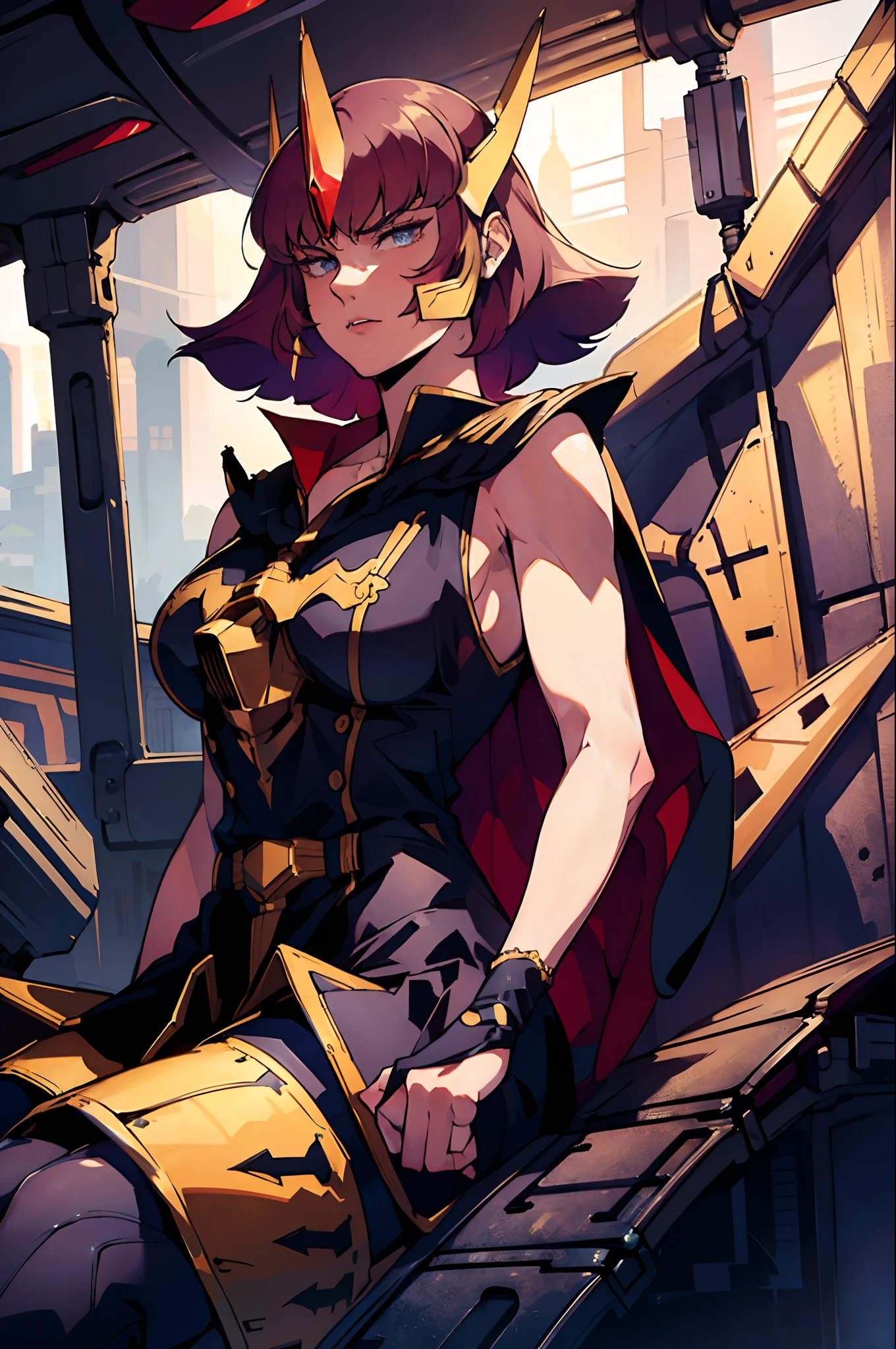 absurdres, (best quality), (masterpiece),(ultra-detailed:1.2),(photorealistic:1.2),(highres),(front:1.3),upper body,
1girl,solo,sitting,mature women,angry,Forehead wrinkles,shaded face,cape,bare shoulder,golden embroidery,elaborate ,
 haman karn, (spats:1.1),
expressionless,
(cockpit:1.5),(space:1.1),universe,
dark theme,