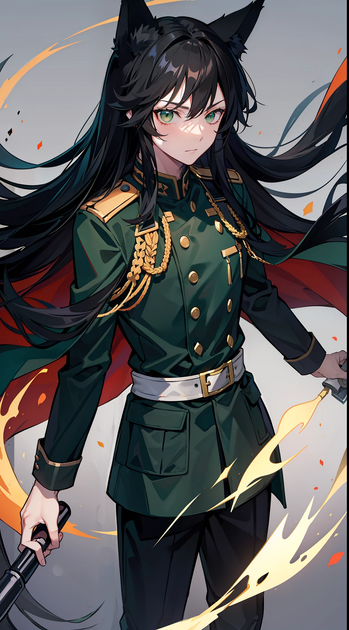 adult man, Long black hair, Fox ears, Green eyes, Black general's uniform, Masterpiece, hiquality