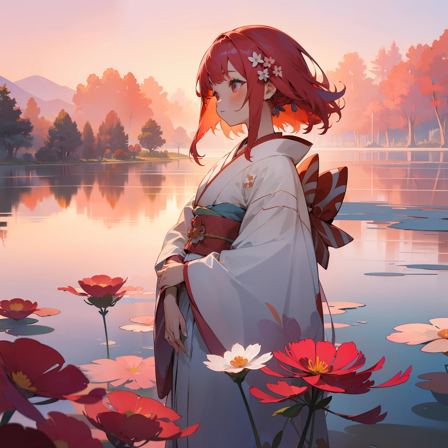 (Beautifully Aesthetic:1.2)、(1girl in:1.3)、(Red and white colorful hair:1.2)、Wearing a colorful kimono in white and pink、cosmos、Cosmos flowers are blooming、Autumn twilight、lake、Fantastic space、Sunset、