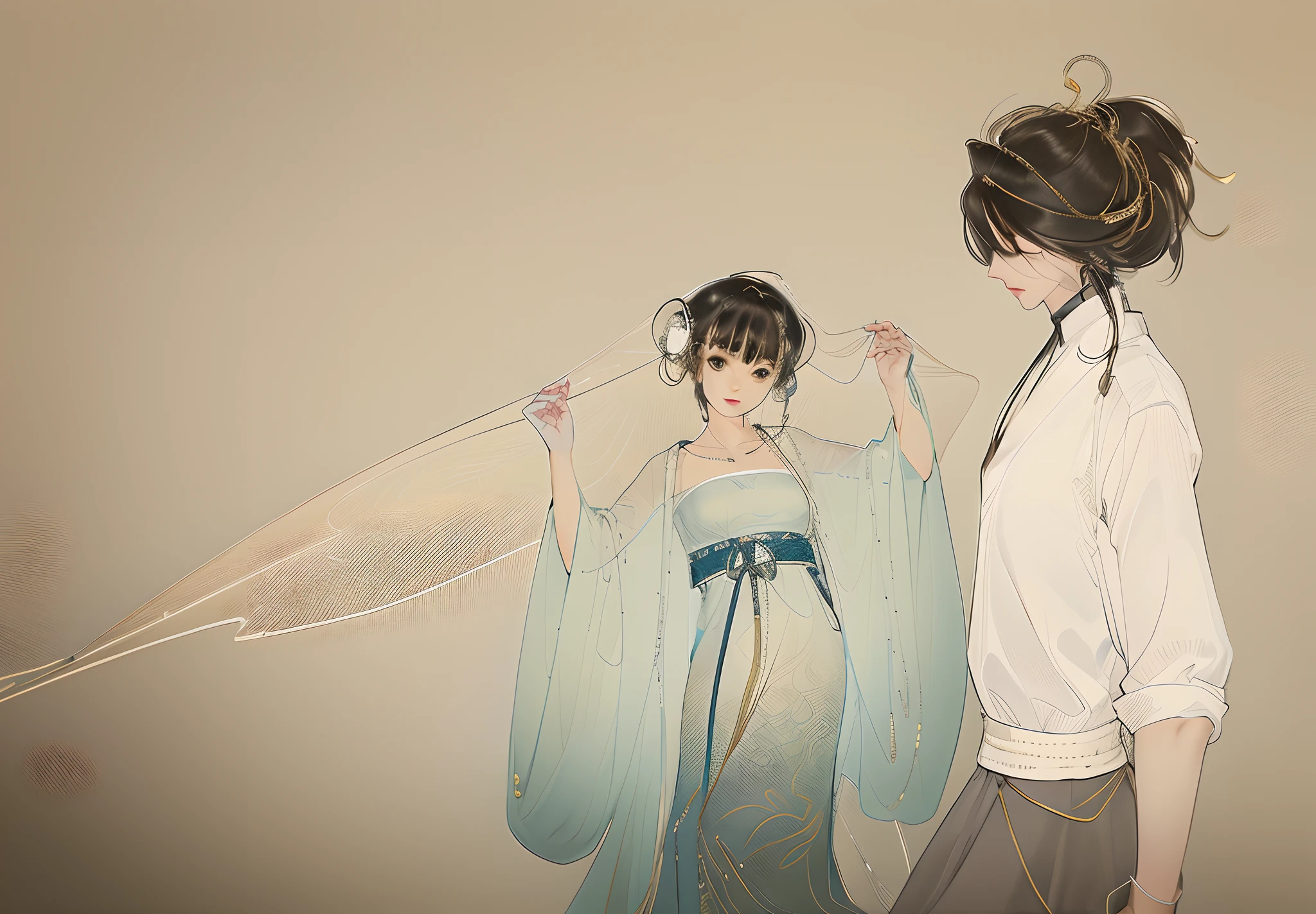 Anime - Style illustration of a woman in a blue dress and a man in a white shirt, Guviz-style artwork, Guviz, rob rey and kentarõ miura style, author:Shitao, Palace , A girl in Hanfu, Wearing ancient Chinese clothes, by Yang J, krenz cushart and wenjun lin