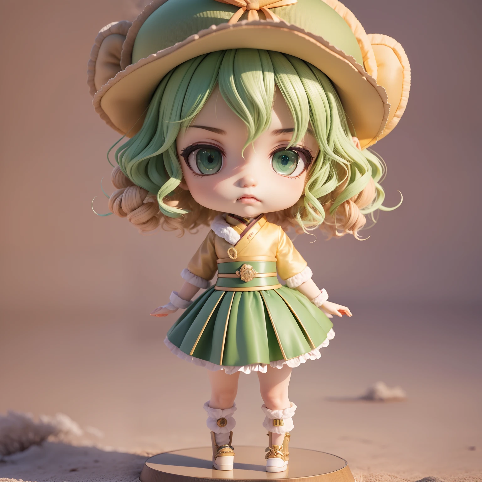 (Daisaku),(Need),(Super meticulous),(full bodyesbian:1.2),(soio),green colored theme,Viper Magician,Delicate snake-headed hat,adolable,Open-mouthed,grin,Earphone,Snakeskin texture,Tight swimsuit,loli,Popmart blind box,Clay texture,Treading on the ground,Black and white background,natural lightting,Best quality at best,hyper-detailing,arte 3D,c4d, OC renderer, a 3D render, 8k wait to start
