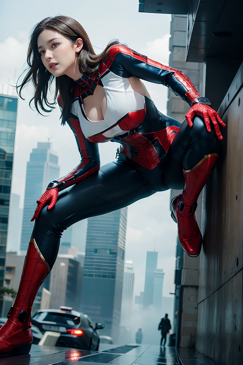 RAW, Masterpiece, Super Fine Photo,, Best Quality, Ultra High Resolution, Photorealistic, Sunlight, Full Body Portrait, Stunningly Beautiful, Dynamic Poses, Delicate Face, Vibrant Eyes, (Side View) , she is wearing a futuristic Iron Lady Spiderman costume, very detailed background, detailed face, detailed and complex busy background, messy, gorgeous, milky, high detailed skin, realistic skin details, visible pores, sharp focus, Volumetric fog, 8k uhd, dslr, high quality, film grain, fair skin, photorealism, lomography, sprawling metropolis in a futuristic dystopia, view from below, translucent