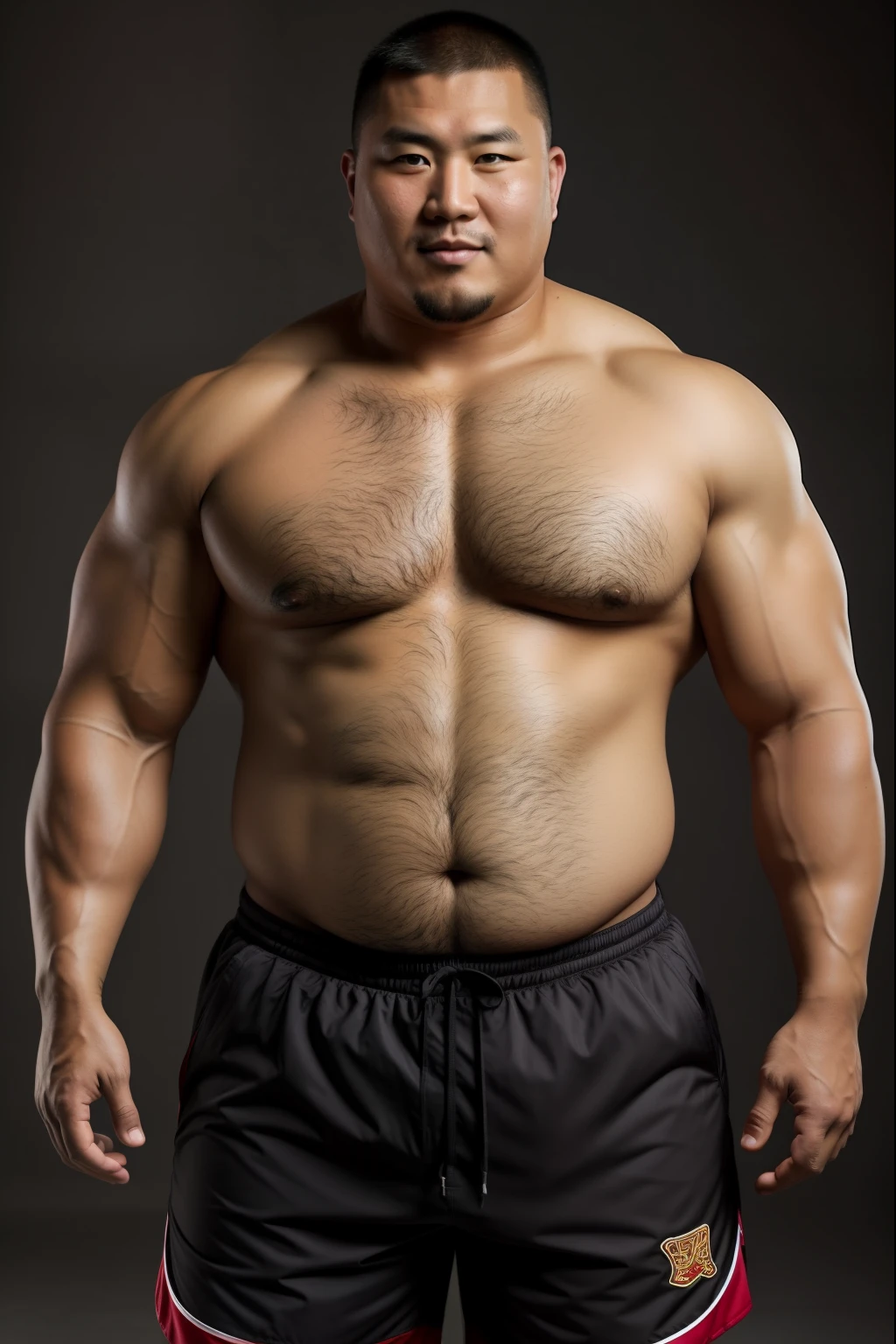 A Mongolian man poses for a group photo wearing sports shorts, mongol,bald-headed,Thick body hair,mid-shot of a hunky, Strong masculine characteristics, sexy muscular body, partially male hairy torso,masculine and strong,sexy muscular upper body,Fat belly,light tan skin, robust stocky body, beefy, belly button showing, half man half asian black bear, potbelly, dad bod, half man half asian black bull,