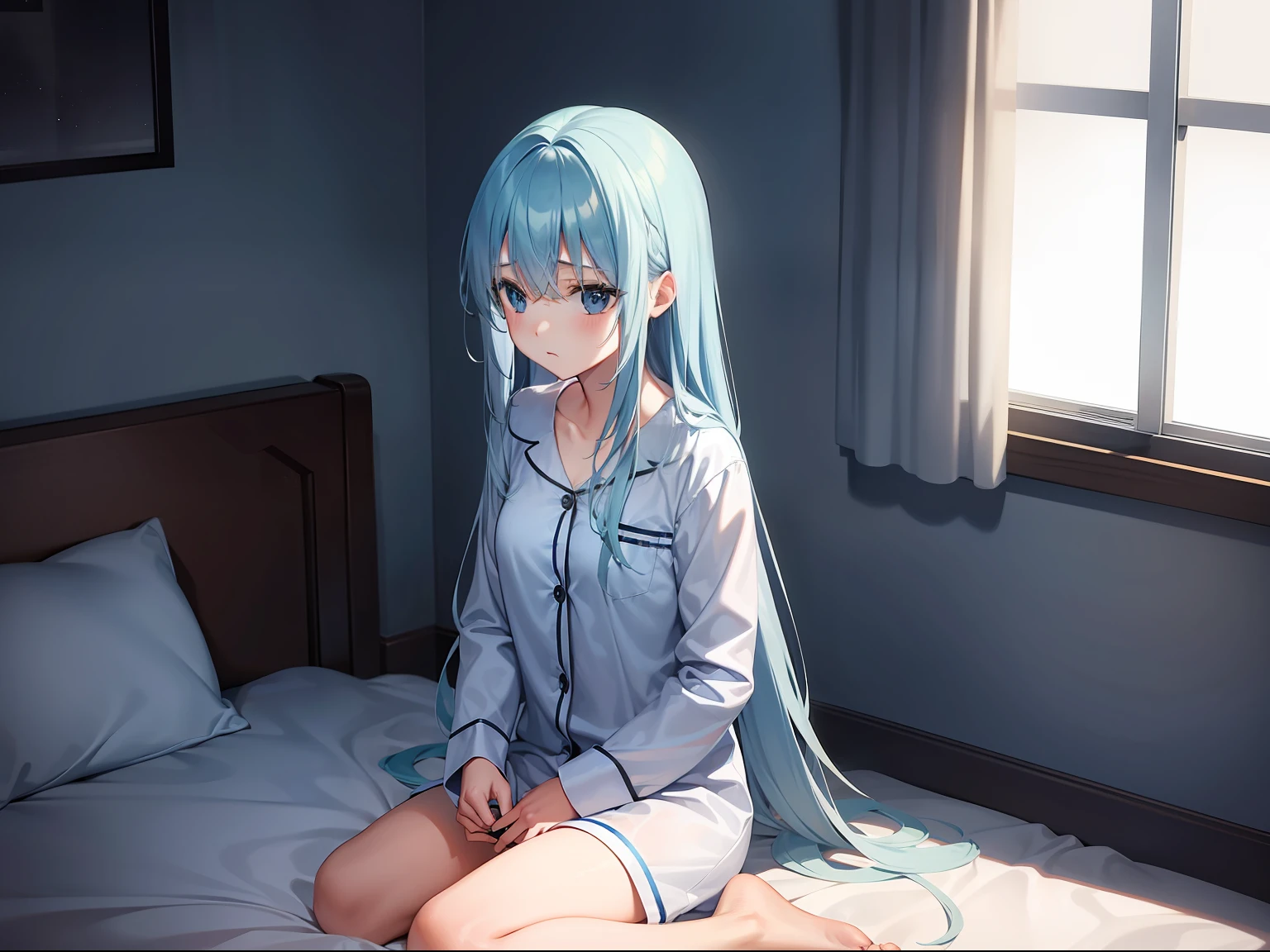 A girl with long light blue hair,wearing pajamas,sit on a bed,holding cell phone,An expression of shame,Inside the dimly lit room
