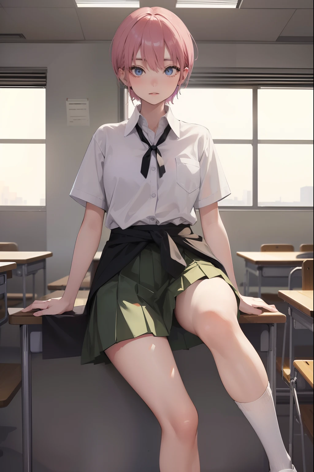 ichikanakano, ichika nakano, short hair, bangs, blue eyes, hair between eyes, pink hair,
BREAK skirt, shirt, school uniform, white shirt, short sleeves, pleated skirt, shoes, socks, collared shirt, black footwear, sweater, white socks, green skirt, loafers, clothes around waist,
BREAK indoors, classroom,
BREAK looking at viewer, BREAK (masterpiece:1.2), best quality, high resolution, unity 8k wallpaper, (illustration:0.8), (beautiful detailed eyes:1.6), extremely detailed face, perfect lighting, extremely detailed CG, (perfect hands, perfect anatomy),