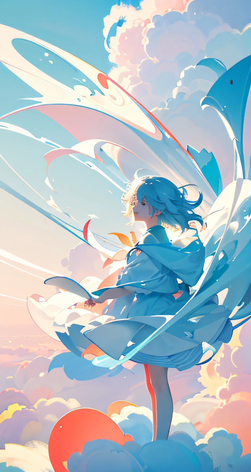 masterpiece, best quality, movie still, 1girl, floating in the sky, cloud girl, cloud, (close-up:1.1), bright, happy, fun, soft lighting, (Bauhaus, shapes, lines, abstract:1.1)