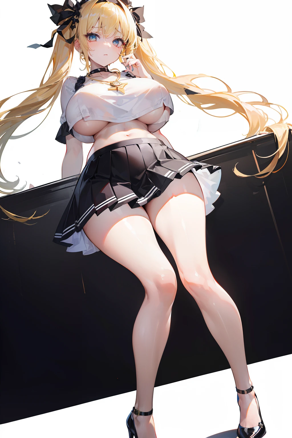 (8K, Best quality, tmasterpiece:1.2),\(eye detailed\),(\(Clothes detail details\)\),Facial emotions(emotive:1.3),Pure white background,full bodyesbian,(huge tit),(Facial focus) ,Very detailed CG unity 8K wallpaper,hugefilesize,ultra - detailed,A high resolution,absurderes,beautidful eyes,Ray traching,dramatic shadow,finely detailled,Dramatic angles,Hyper-detailing,(1 girl:1.3),(Solo),Mature female,Blonde hair,Long hair,Twin tail hairstyle),Wearing((Latex skinny white shirt(Crop tops),black ruffle skirt,(//Black bow headband//),golden necklace,High heels),The looming navel,Action(standing)