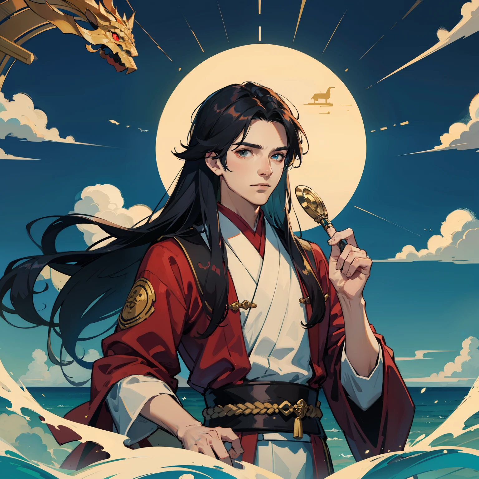 Handsome young master, long hair, Han attire, sea， emperor, upper body