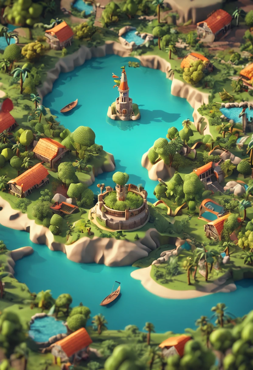 There is an island in the form of a musical note,Ilha de fantasia em forma de nota musical da selva 3D muito distante, fundo da ilha, Tran Ross. Scenery background, mapa pintura fosca, epic matte painting of an island, isometric game art, Highly detailed illustration in 4k, 8k arte detalhada de alta qualidade, an isometric fantasy map