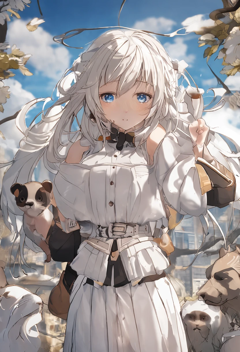 best qualtiy，highly  detailed，tmasterpiece，ultra - detailed，（Realistis：1.2），1girll，Full body like，simplebackground，blue sky background，Elaborate Eyes，Brown-black hair，blue colored eyes，a white sweatshirt，Translucent sweatshirt，Superskirt，Wrapped buttocks，White tender long legs，short detailed hair，Lively and cheerful，female high-school student，Water spirit eyes，White skin and beautiful appearance，Melon seed face，Little sister，a skirt，White miniskirt