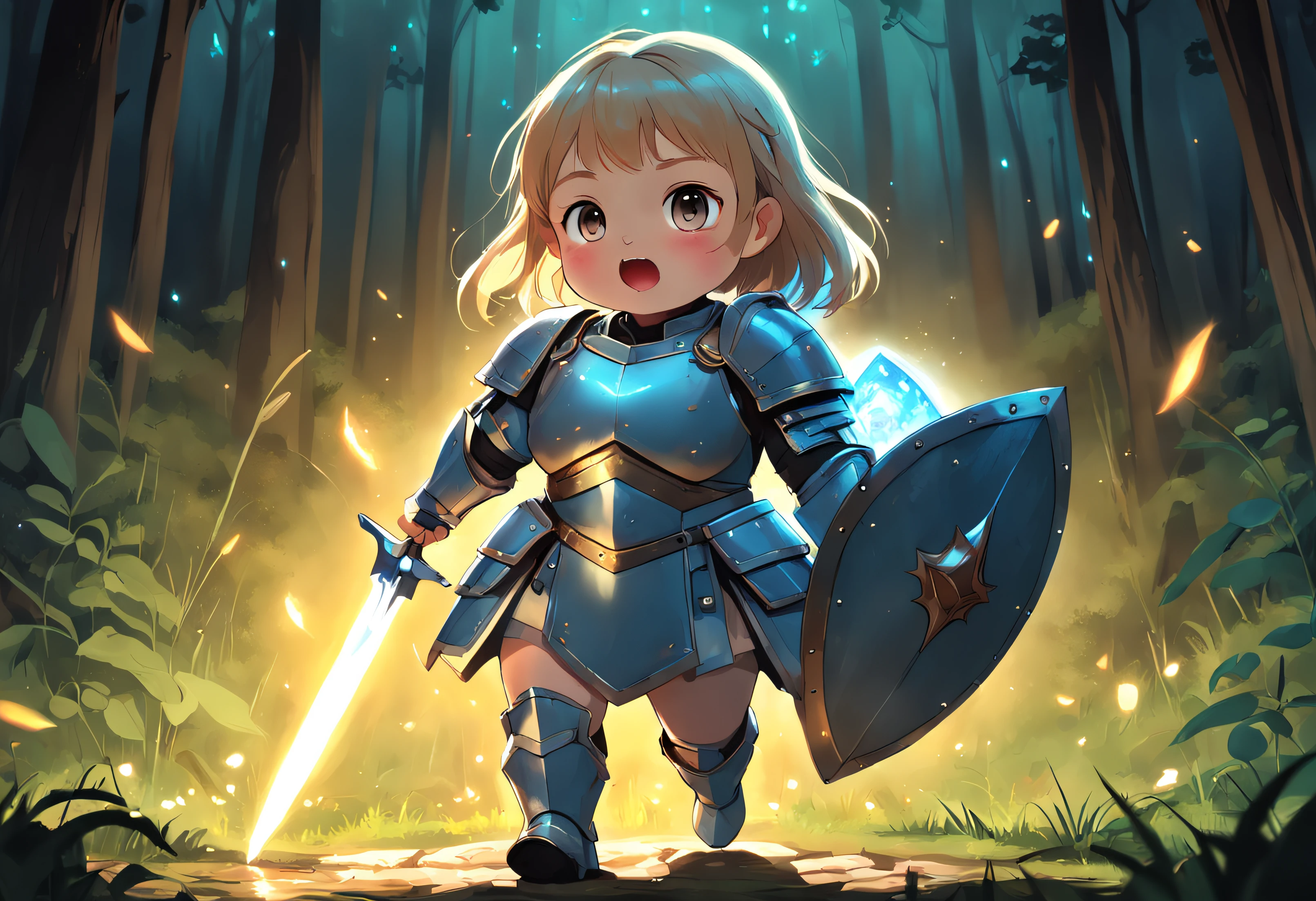 Cartoony,Chubby little girl in heavy armor,Hold a glowing sword and shield on the ground,Glowing fireflies around,,Cute and cute,KIDS ILLUSTRATION,Glow effects,Dingdall effect,depth of fields,high light,Real light,Ray traching,oc rendered,Hyper-realistic,best qualtiy,8K,Works of masters,super-fine,Detailed pubic hair,Correct anatomy,sharp focus on eyes,The facial structure is reasonable,Facial features are carefully depicted