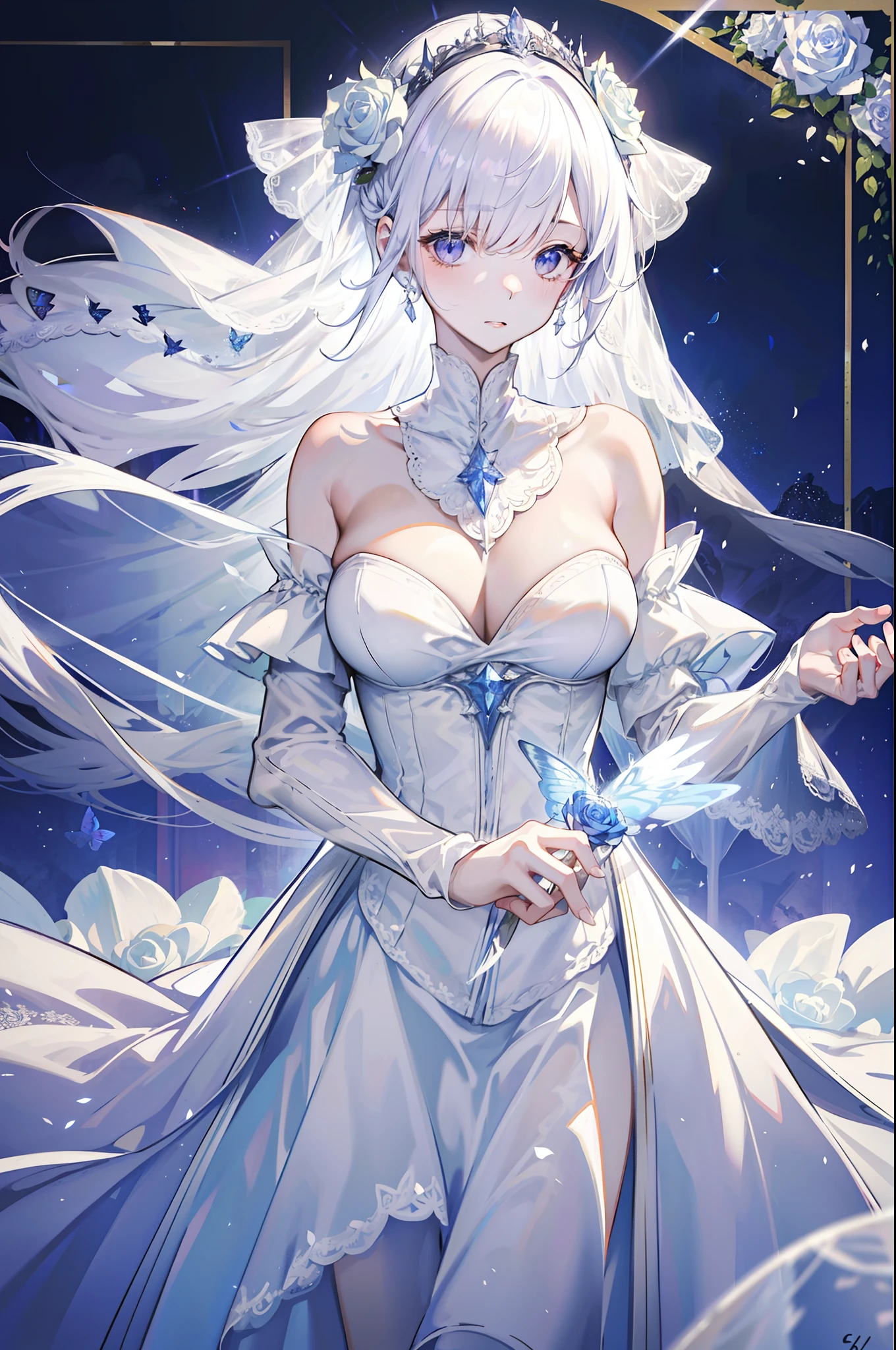 silber hair，butterflys，long whitr hair，white wedding gown，8k wallpaper，detailedbackground，Highest high resolution，deep v big breasts，Hair covers one eye，Bandeau wedding dress，chies，White rose，tight-fitting，