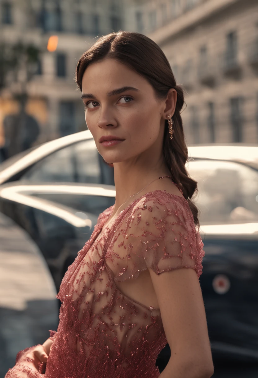 A woman wearing a long red dress, brunette hair, full shot, wide shot of full body, Olivia Rodrigo, Emma Watson, flawless pale skin ((detailed face)), ((detailed facial features)), (finely detailed skin), pale skin, plain grey background, (masterpiece) (perfect aspect ratio)(realistic photo)(best quality) (4K)(detailed) photographed on a 24mm lens, F/2.8, HDR, (8k) (wallpaper) (cinematic lighting) (dramatic lighting) (sharp focus) (intricate), 8k uhd, dslr, high quality, grain film, Fujifilm XT3, film stock photography 4 kodak portra 400 camera f1.6 lens rich colors hyper realistic texture dramatic lighting unrealengine trend in artstation cinestill 800 tungsten, face ultra focus, smiling, seductive, png, 16:9 aspect ratio, shot at night under a street light next to a highway, cars passing by, walking