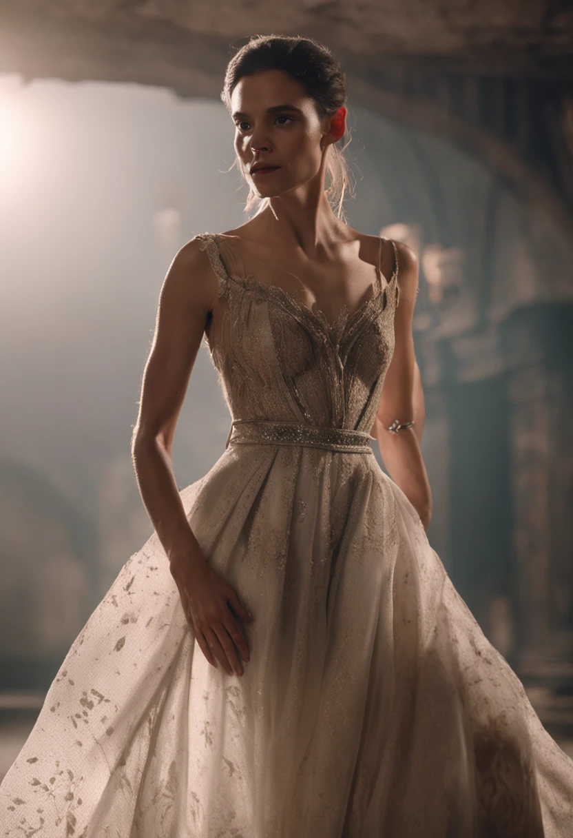 A woman wearing a long red dress, brunette hair, full shot, wide shot of full body, Olivia Rodrigo, Emma Watson, flawless pale skin ((detailed face)), ((detailed facial features)), (finely detailed skin), pale skin, plain grey background, (masterpiece) (perfect aspect ratio)(realistic photo)(best quality) (4K)(detailed) photographed on a 24mm lens, F/2.8, HDR, (8k) (wallpaper) (cinematic lighting) (dramatic lighting) (sharp focus) (intricate), 8k uhd, dslr, high quality, grain film, Fujifilm XT3, film stock photography 4 kodak portra 400 camera f1.6 lens rich colors hyper realistic texture dramatic lighting unrealengine trend in artstation cinestill 800 tungsten, face ultra focus, smiling, seductive, png, 16:9 aspect ratio, shot at night under a street light next to a highway, cars passing by, walking